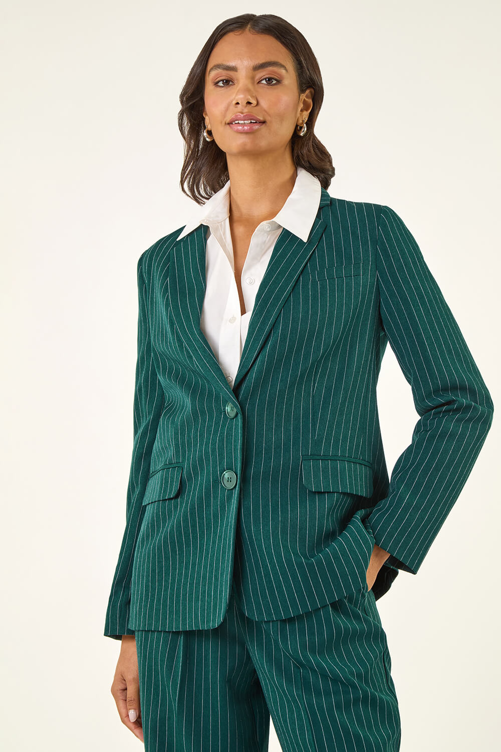 Green Tailored Pinstripe Blazer, Image 1 of 9