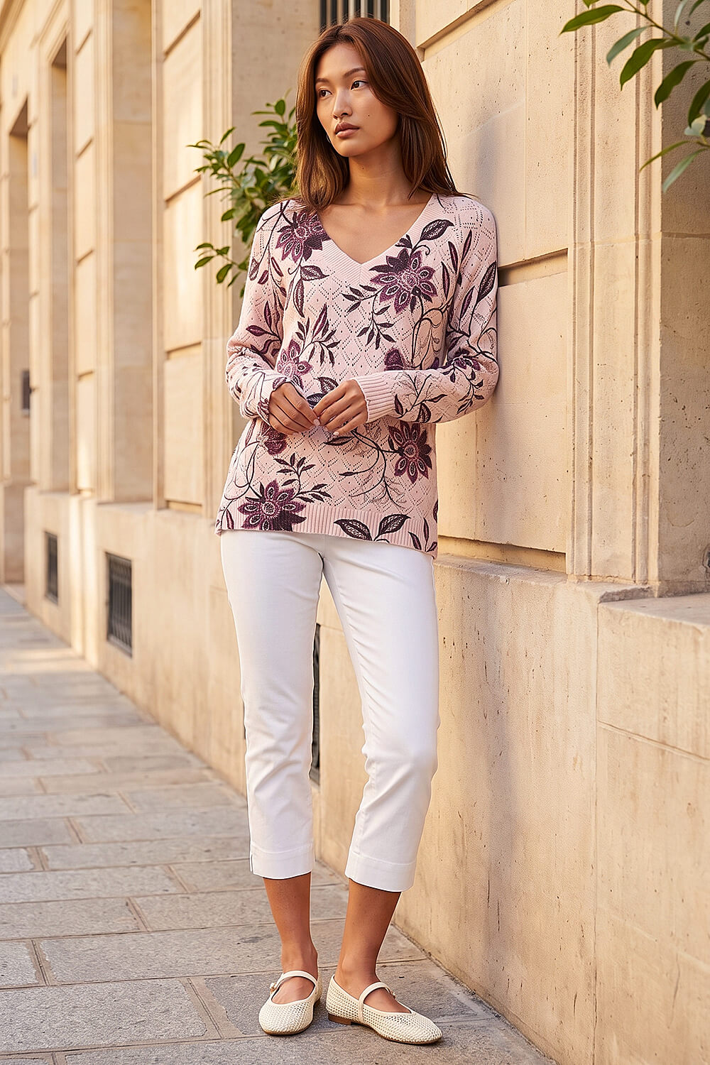Light Pink V-Neck Floral Print Jumper, Image 3 of 4