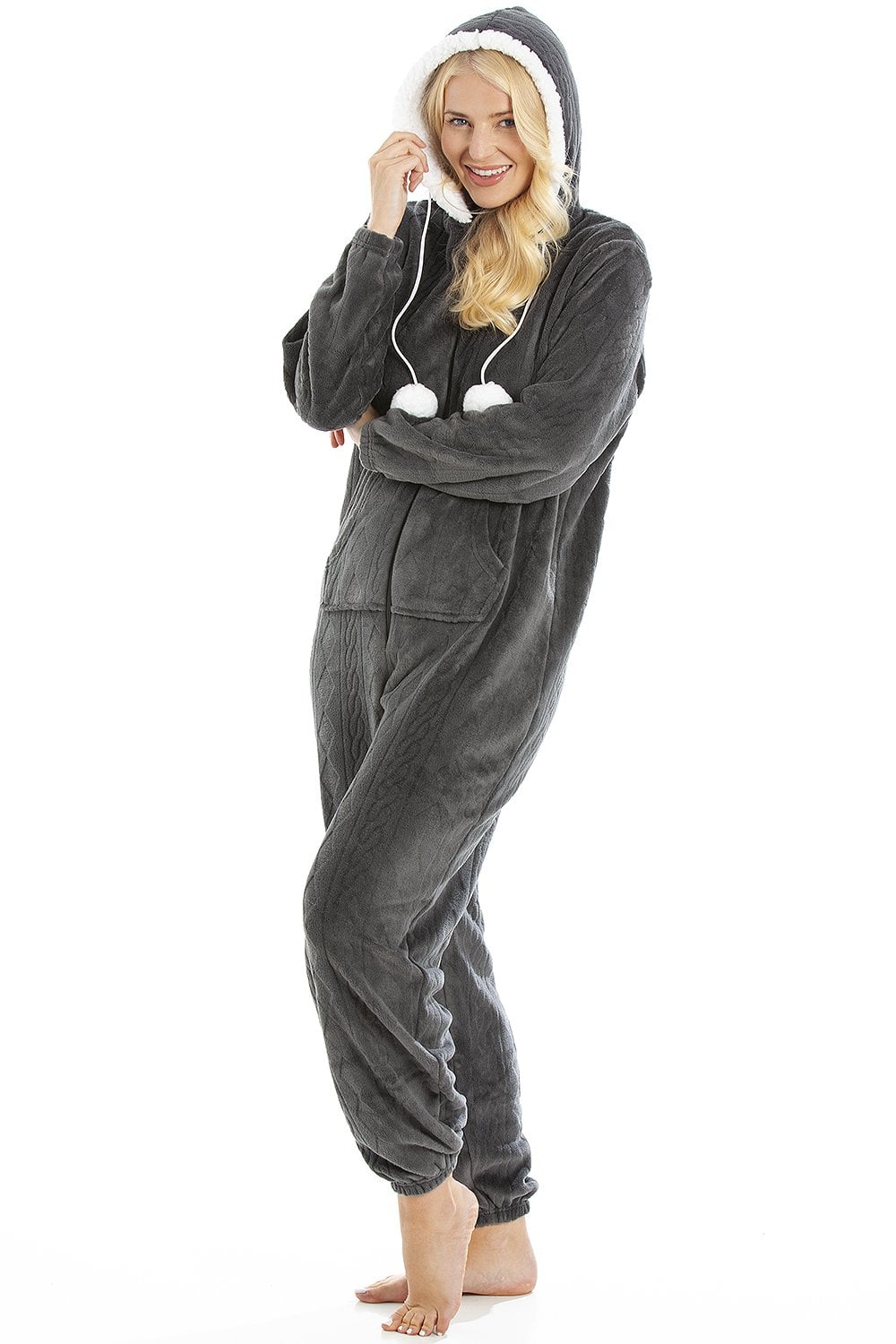 Charcoal Camille Lingerie Charcoal Supersoft Hooded Onesie, Image 3 of 5