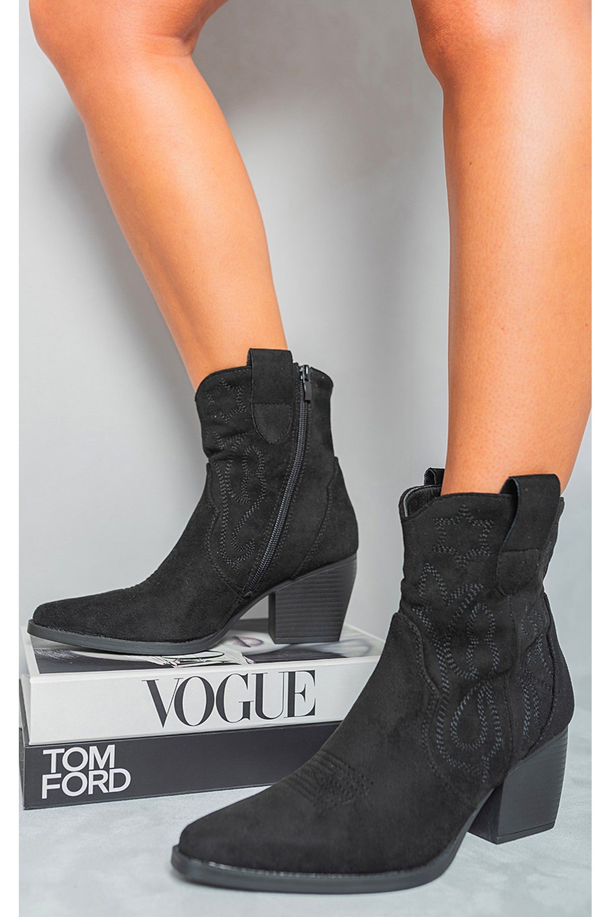Black Laura Suede Cowboy Ankle Length Boots