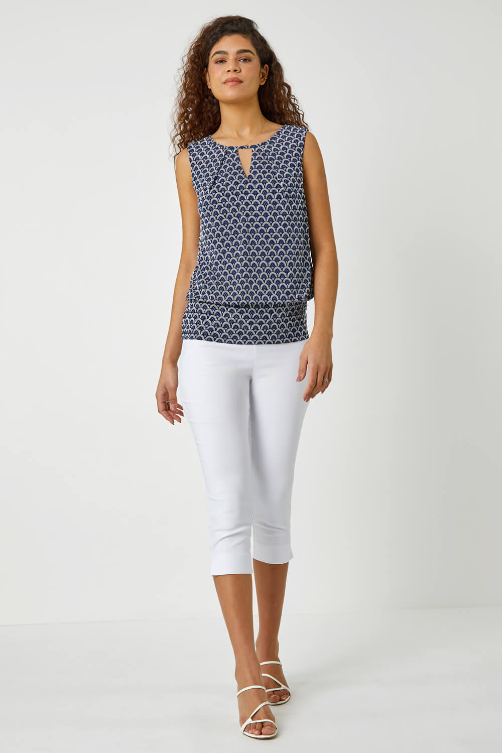 Blue Geometric Print Blouson Stretch Top, Image 3 of 5