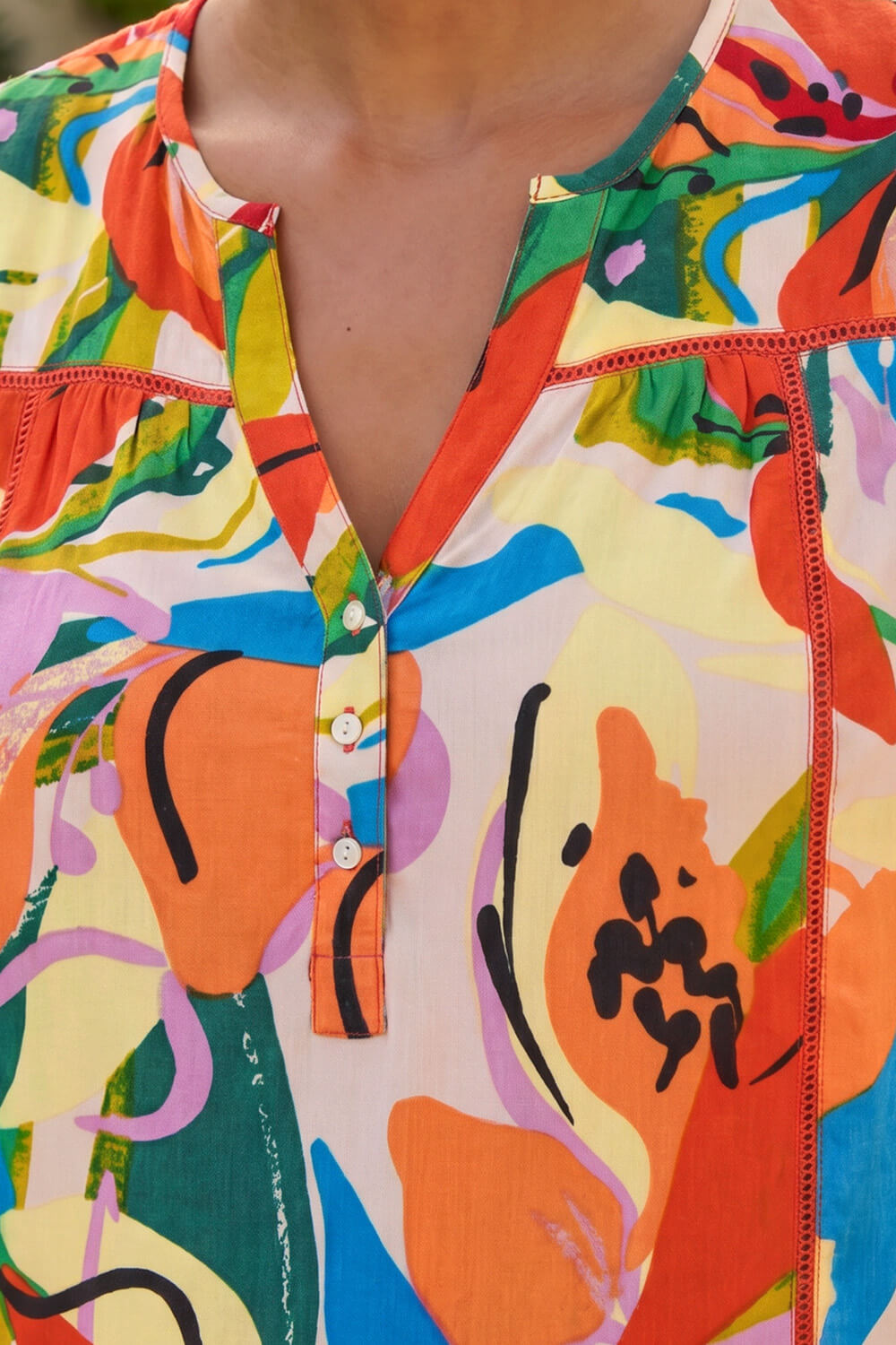 Multi Abstract Print V-Neck Button Top, Image 5 of 4