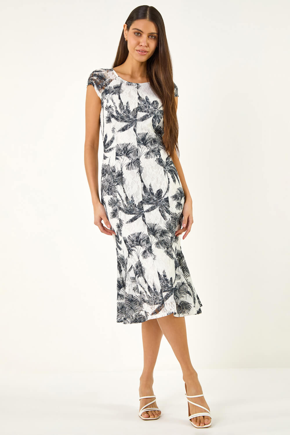 Roman Women's Ivory Palm Print Lace Godet Hem Dress Size 16
