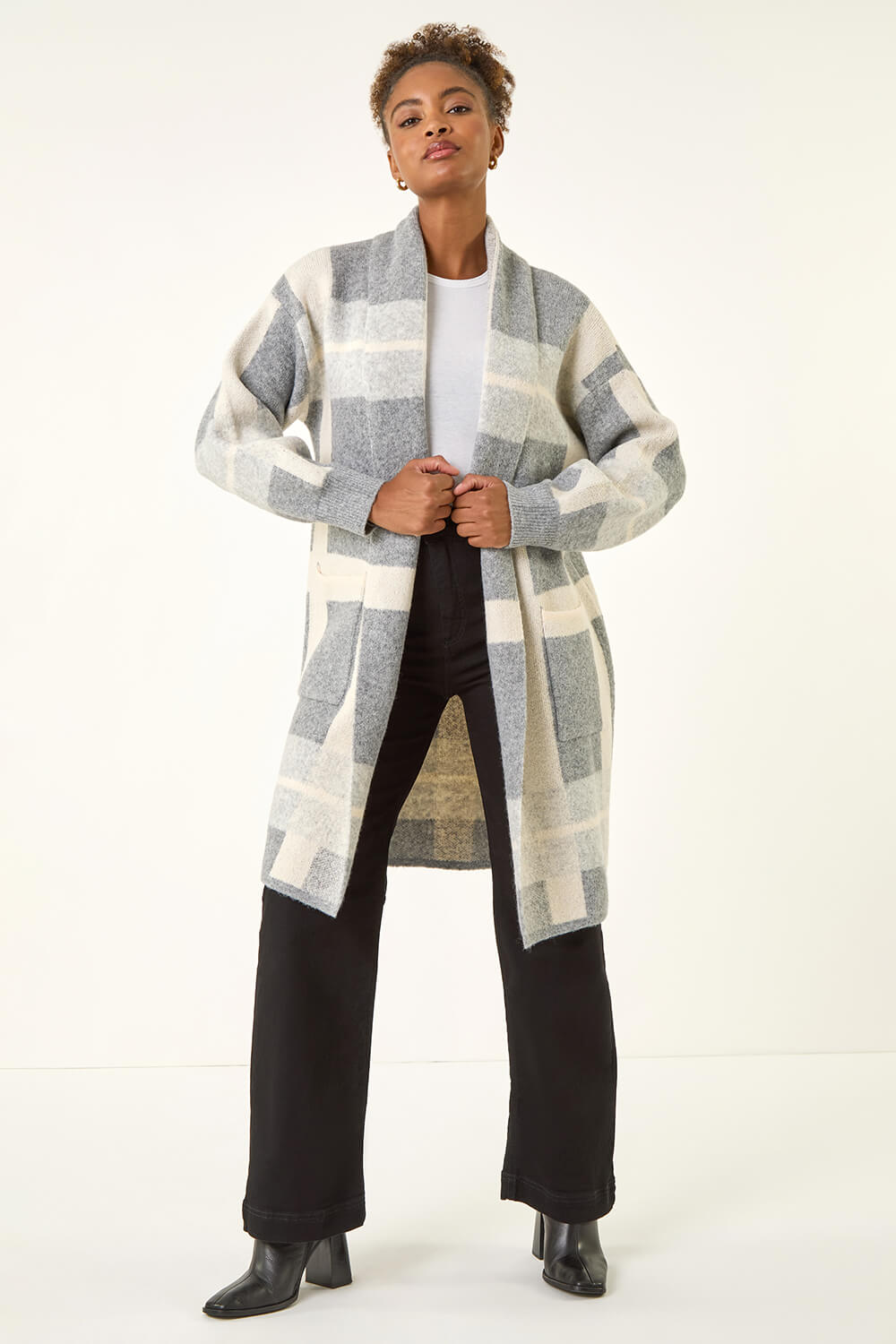 Grey Check Longline Pocket Cardigan, Image 3 of 5