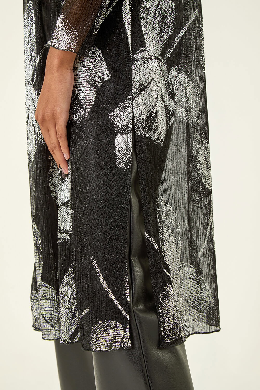 Silver Foil Leaf Print Plisse Kimono, Image 6 of 5