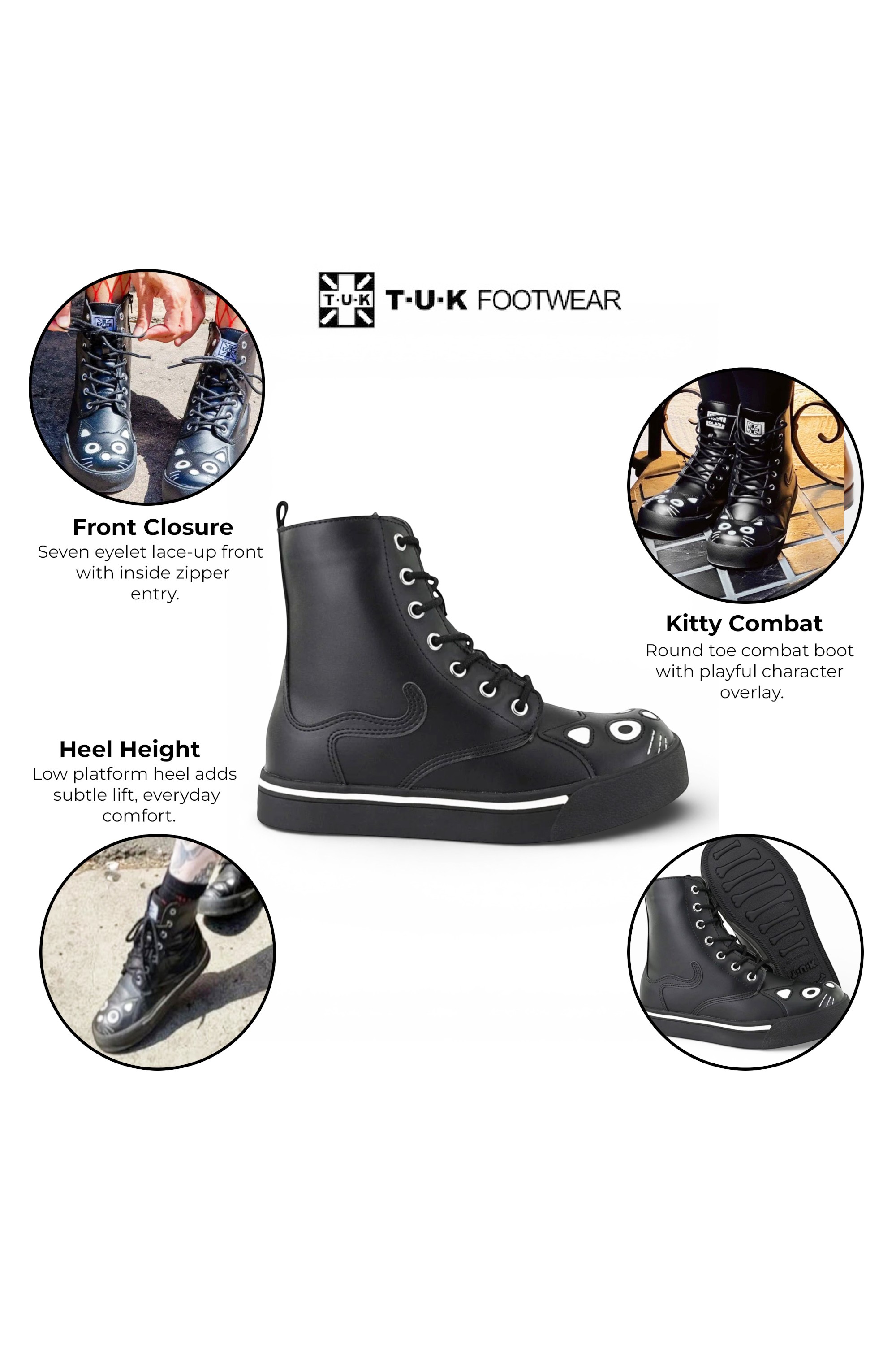 Black Kitty Faux Leather Combat Sneaker Boots, Image 3 of 8