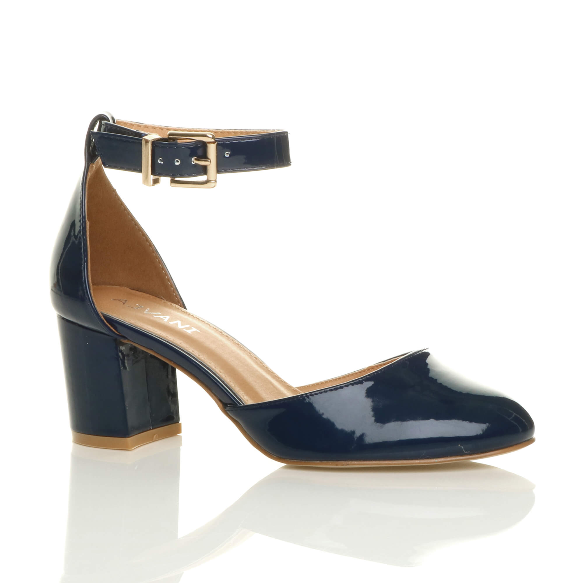 Navy Blue AJVANI Navy Blue Mid Block Heel Ankle Strap 2 Part Heels, Image 1 of 6