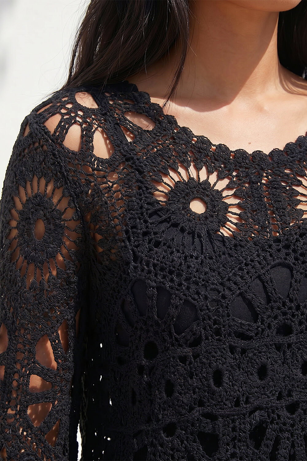 Black Petite Crochet Flare Sleeve Top, Image 5 of 4
