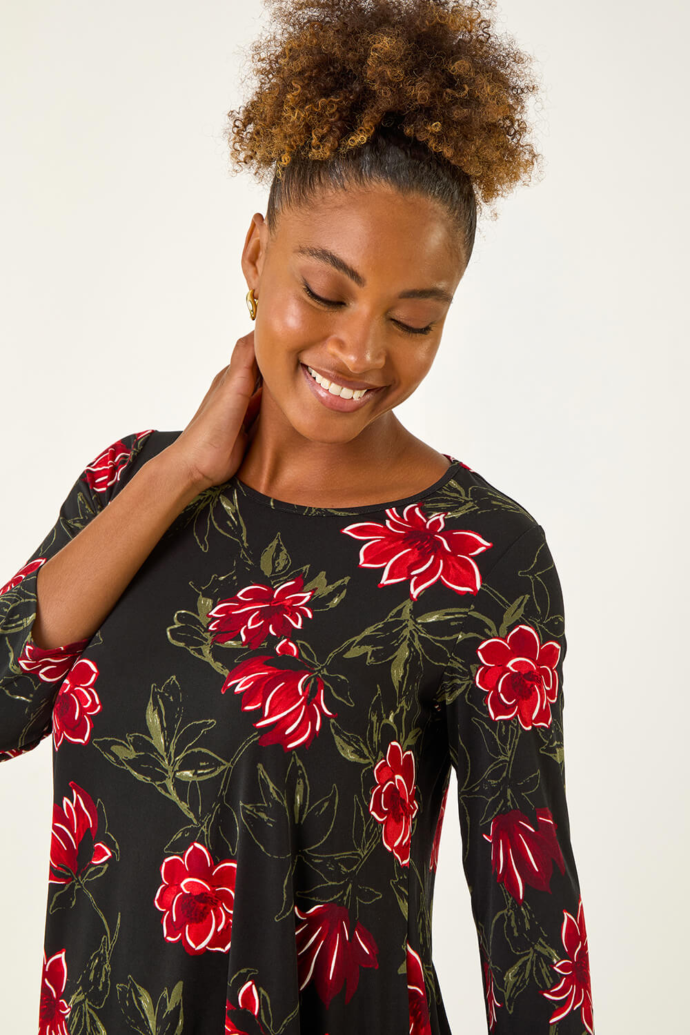 Roman Women's Red Floral Puff Print Tunic Top Size 10
