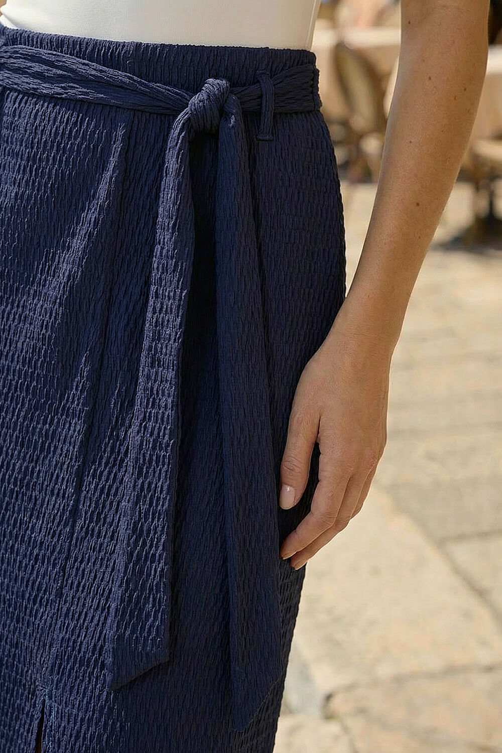 Navy  Textured Belted Pencil Skirt, Image 5 of 4