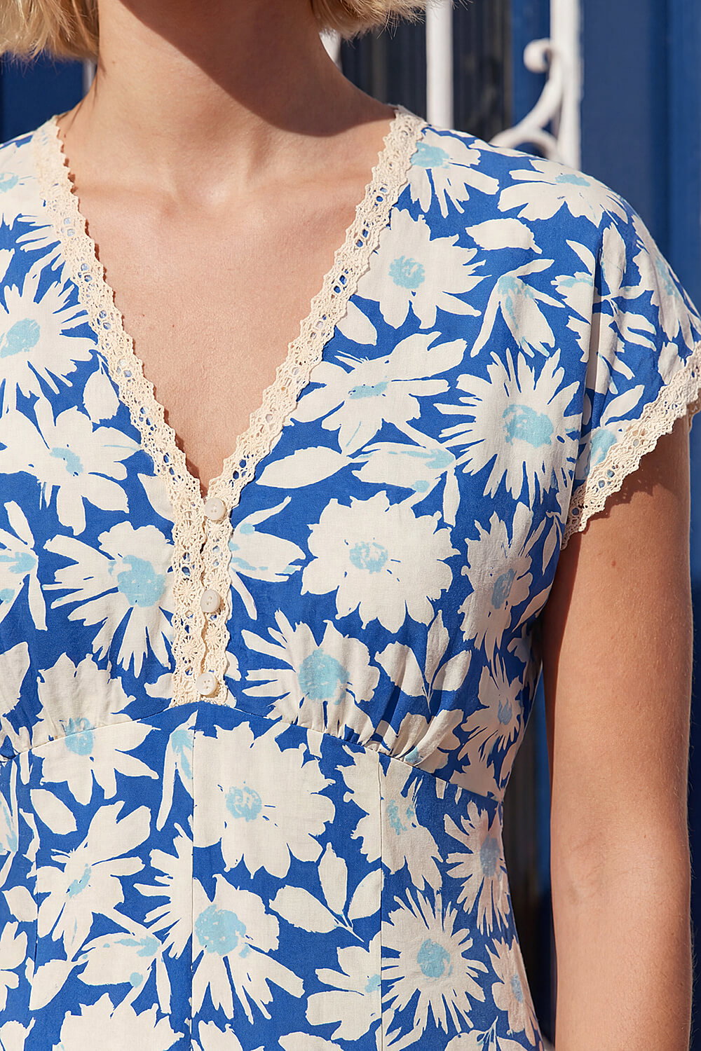 Blue Daisy Print Lace Trim Midi Dress, Image 5 of 4