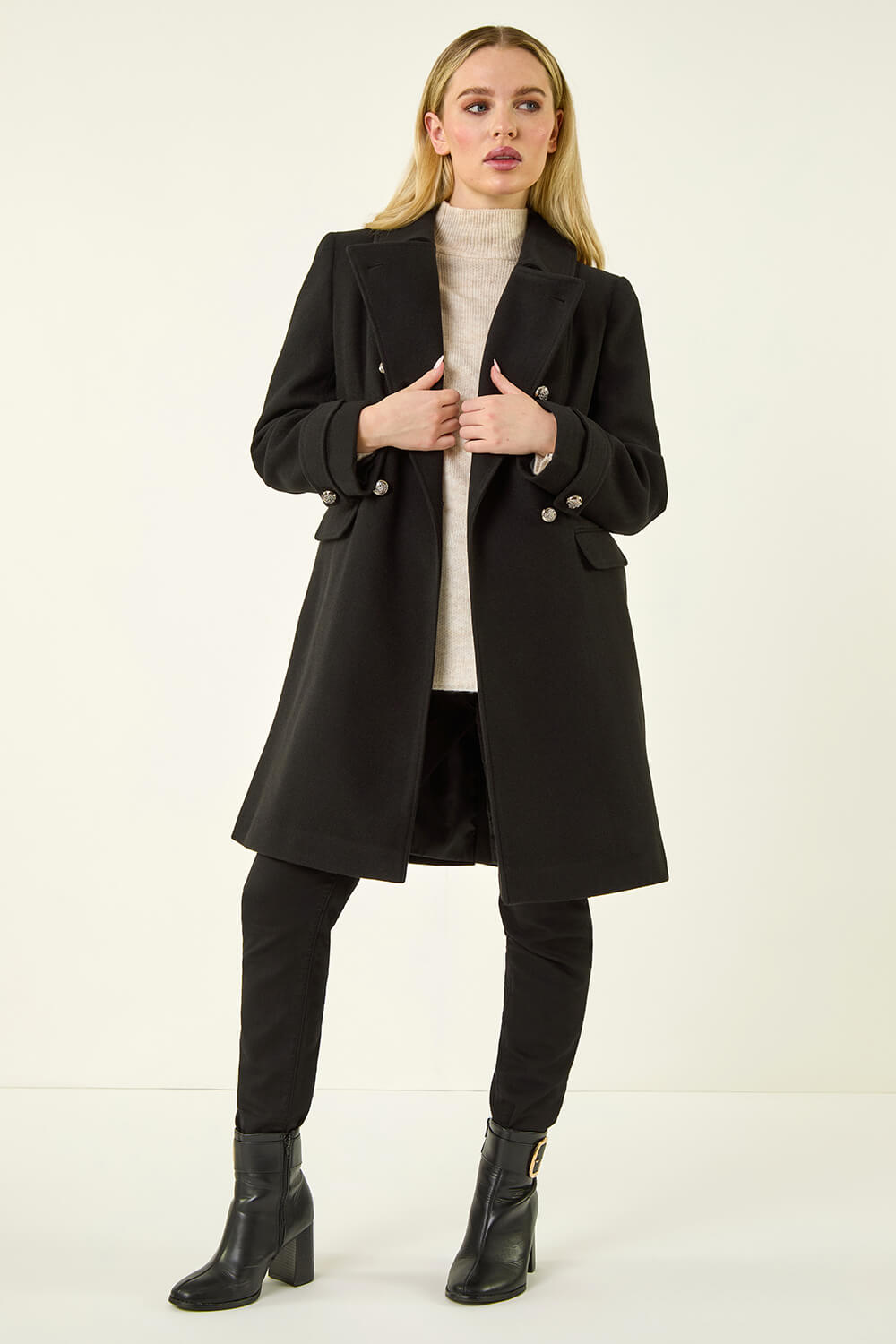 Black Petite Double Breasted Military Coat, Image 3 of 5