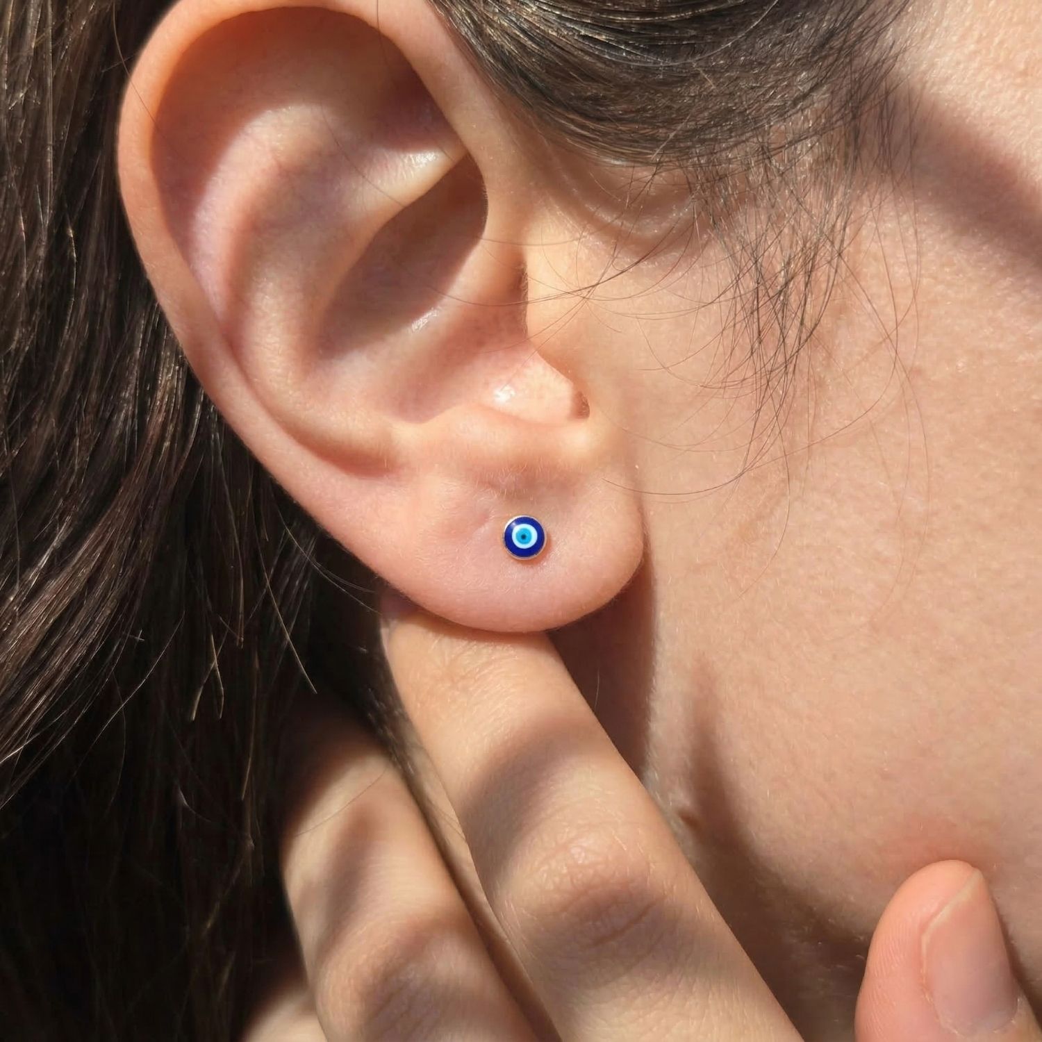 Blue Turkish Evil Eye Nazar Protective Gold Stud Earrings, Image 2 of 4