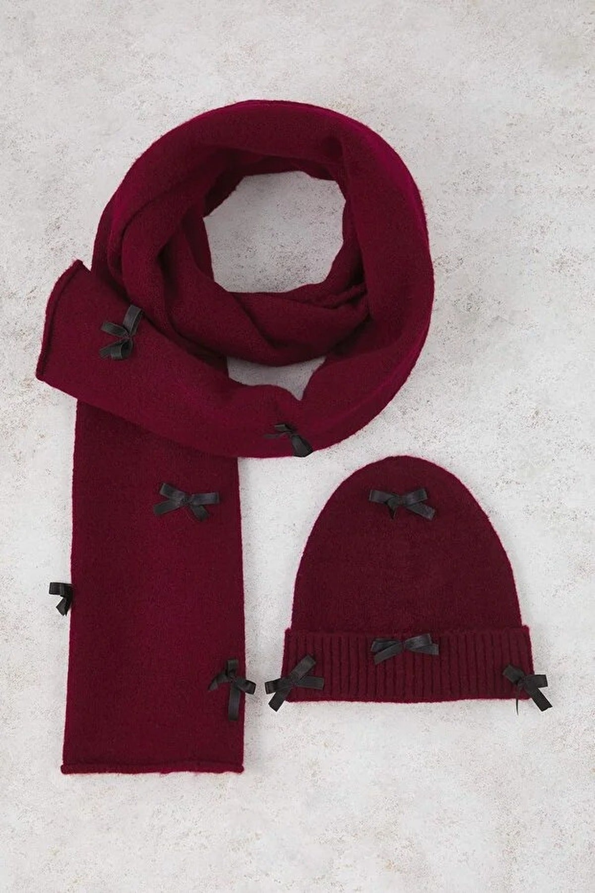 Burgundy WOVCOR Burgundy Ribbon Bow Detail Knit Scarf and Beanie Set, Image 2 of 4