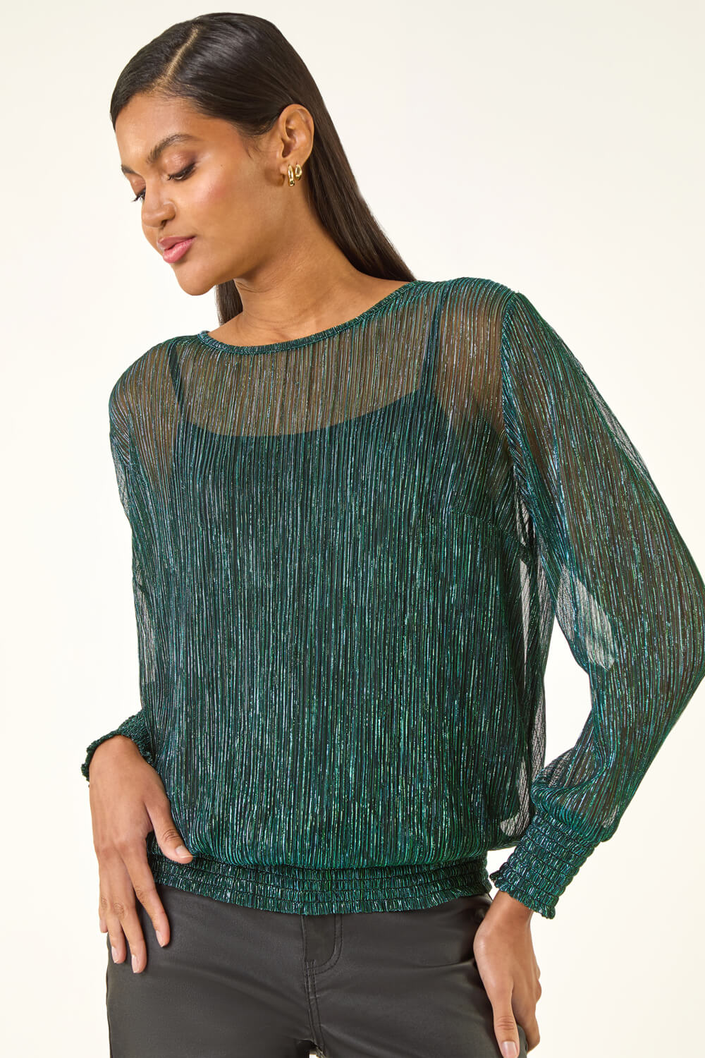 Forest Plisse Shimmer Shirred Hem Top, Image 1 of 5