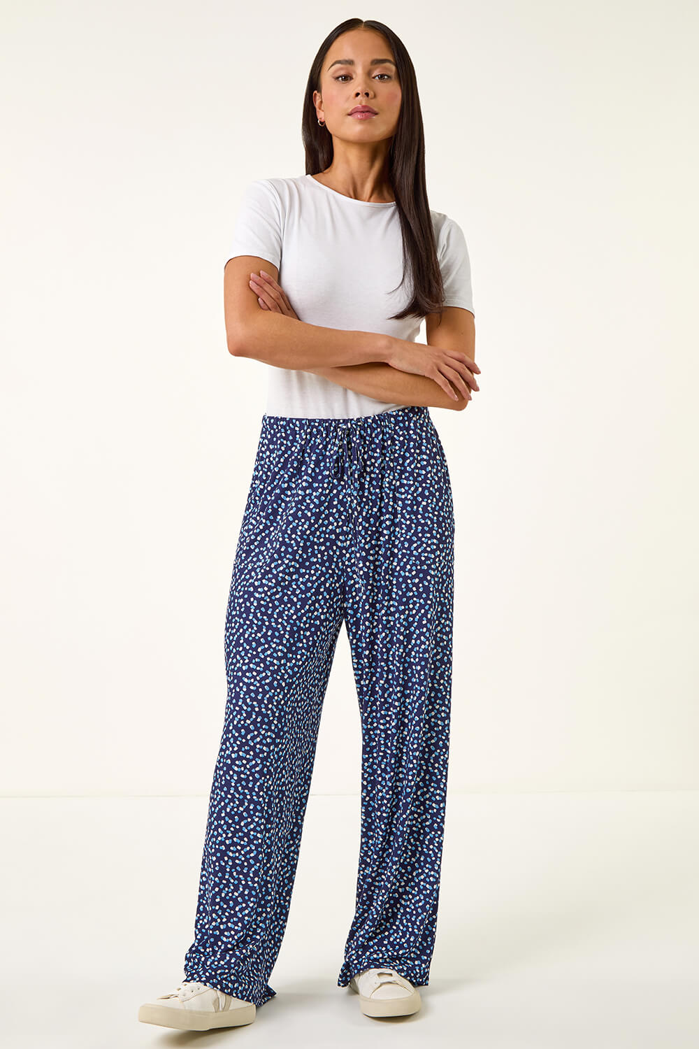 Navy Petite Spot Wide Leg Trouser, Image 3 of 5