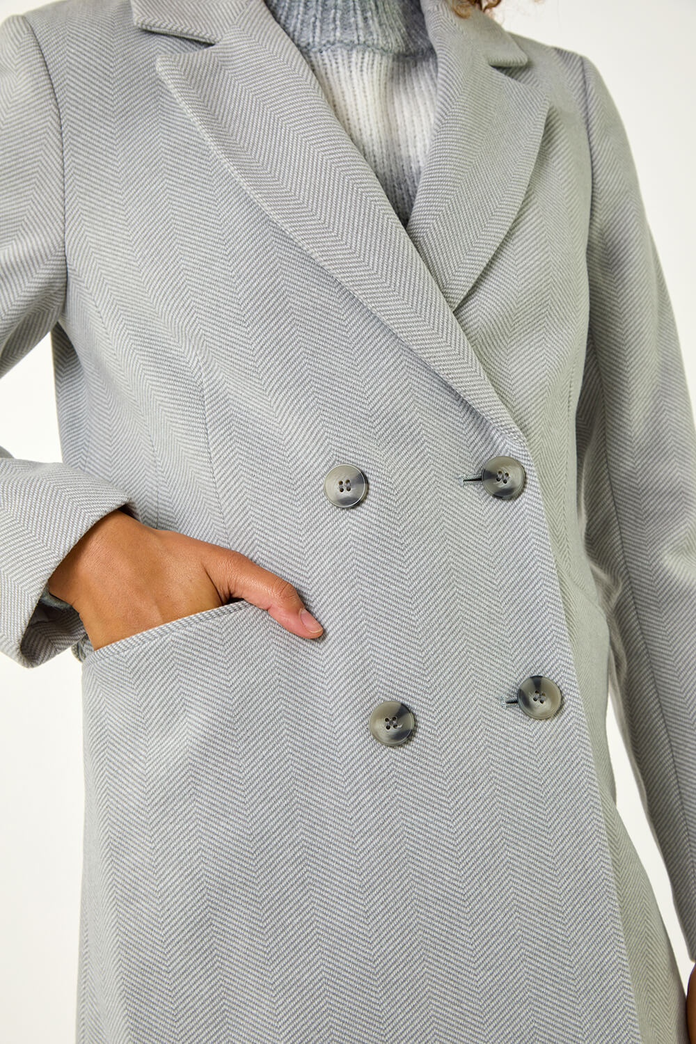 CAMERON - Double-Breasted Wool Coat in Grey Herringbone
