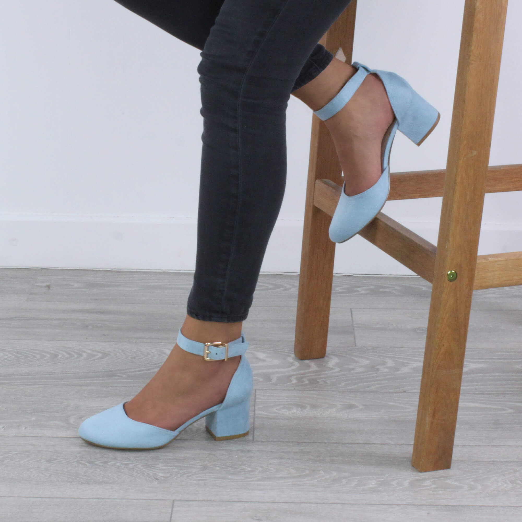 Light Blue AJVANI Light Blue Mid Block Heel Ankle Strap 2 Part Heels, Image 5 of 6