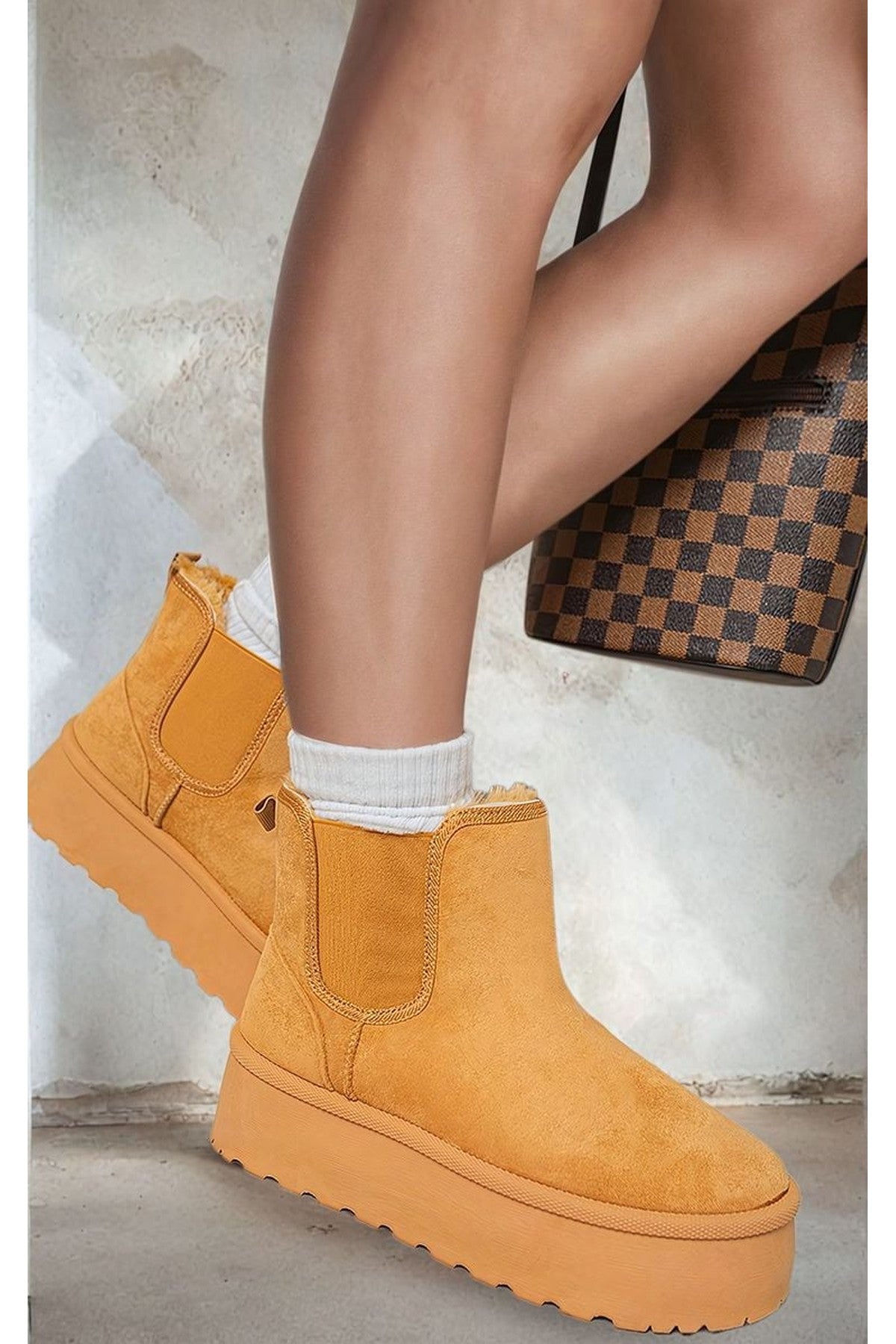 Camel iKrush Camel Edith Fluffy Platform Sole Chelsea Faux Fur Lined Ankle Boots, Image 3 of 8