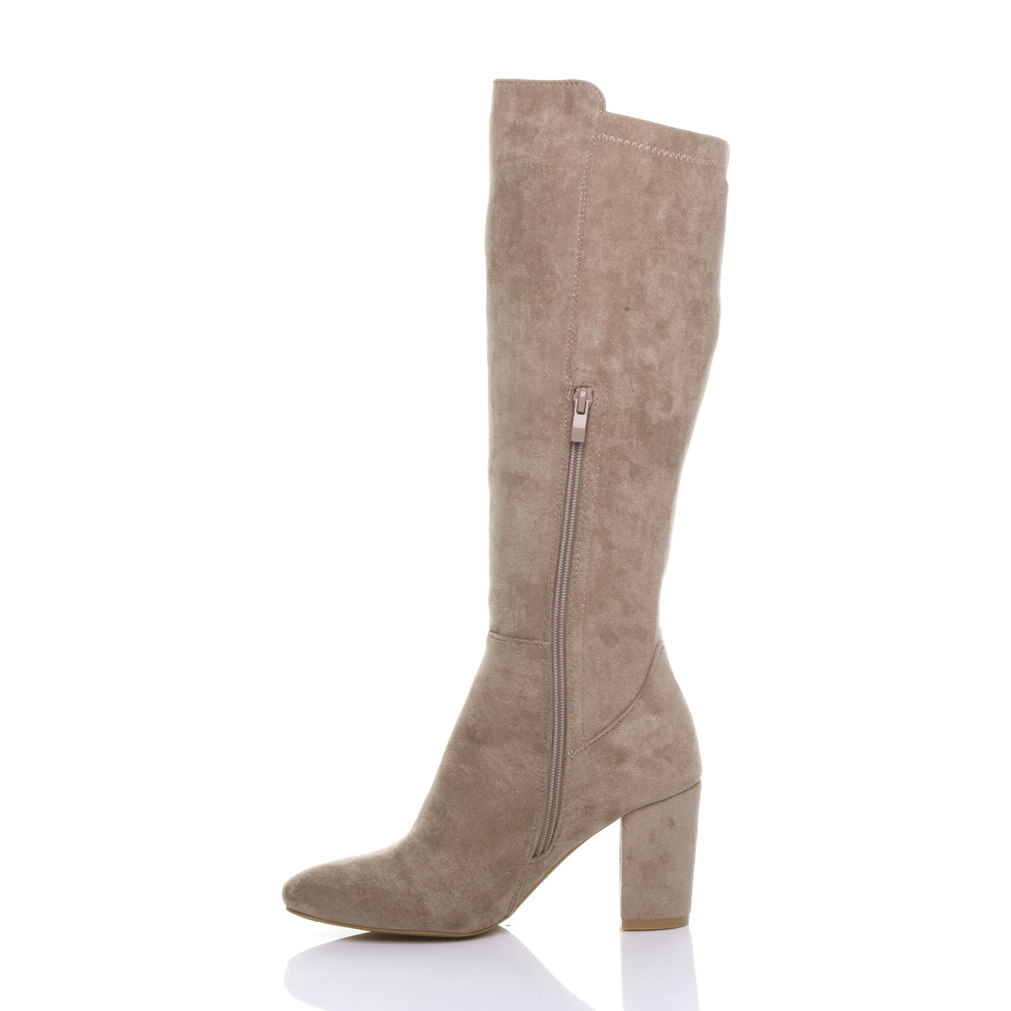 Taupe AJVANI Taupe High Block Heel Stretchy Calf Boots, Image 3 of 5