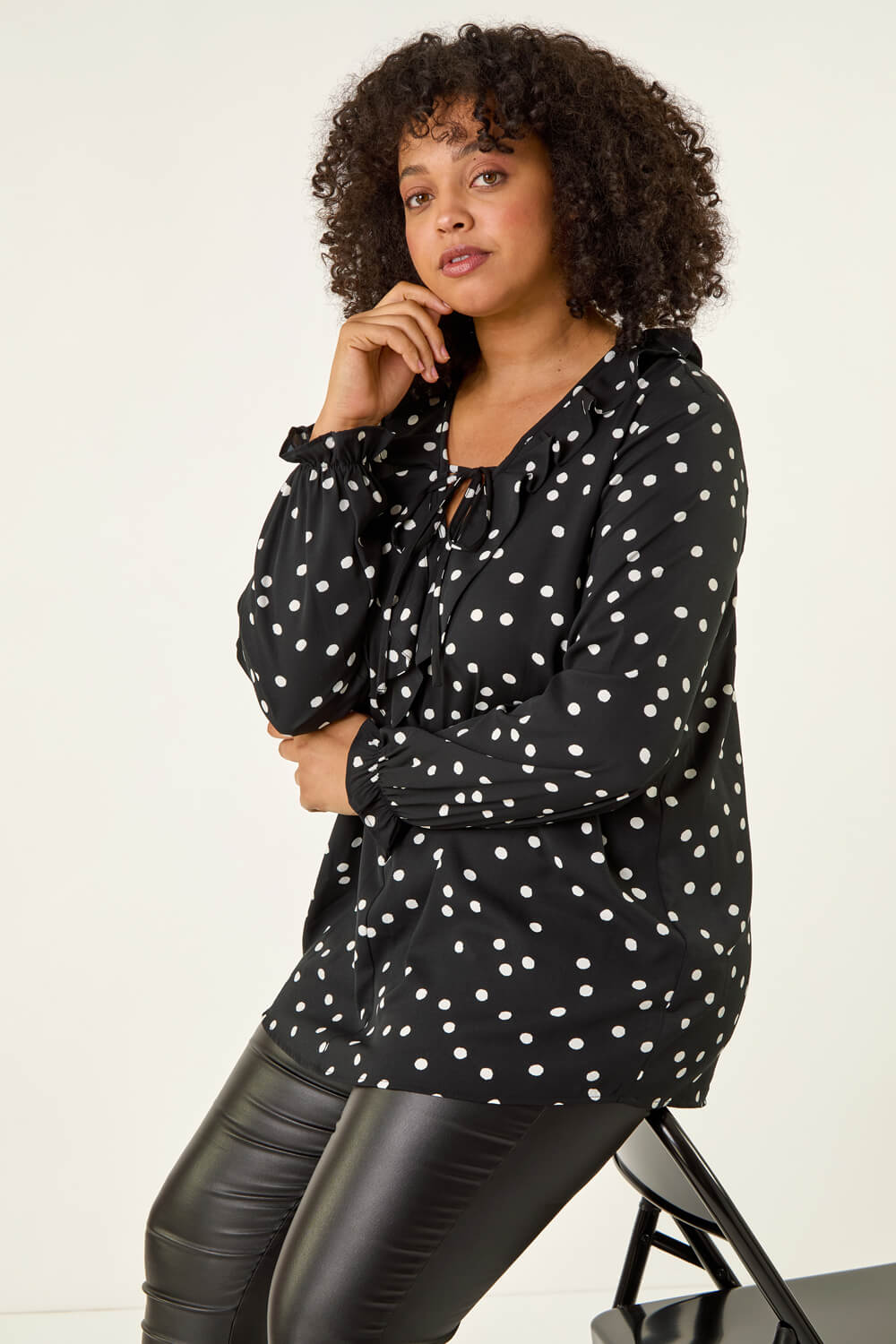 Black Curve Polka Dot Ruffle Top, Image 3 of 5