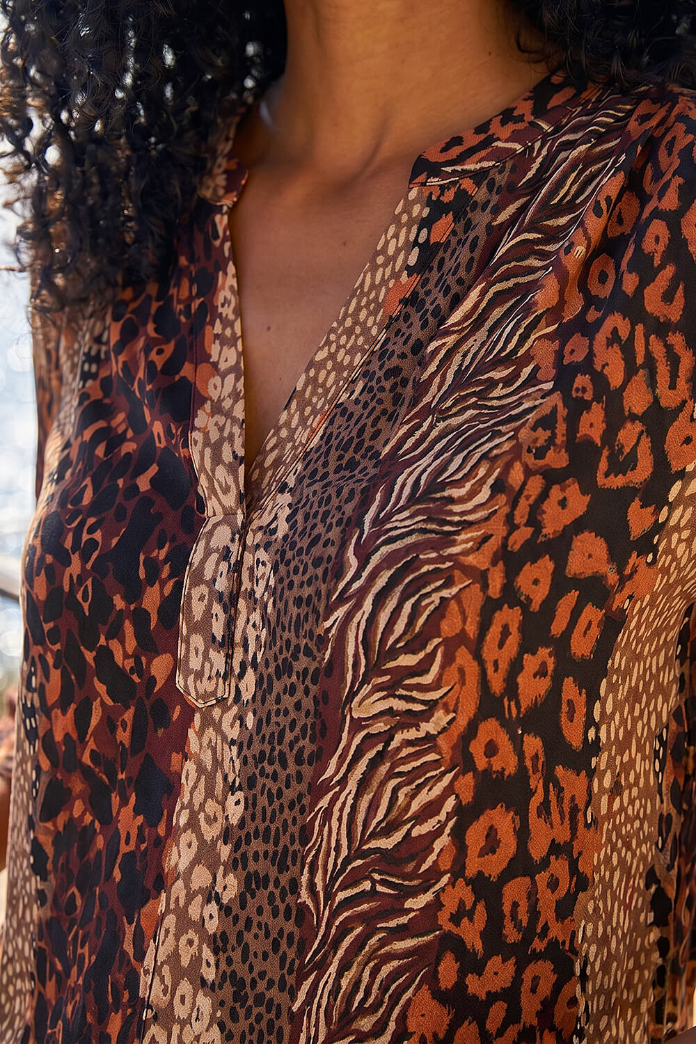 Tan Abstract Print V-Neck Stretch Top, Image 5 of 4