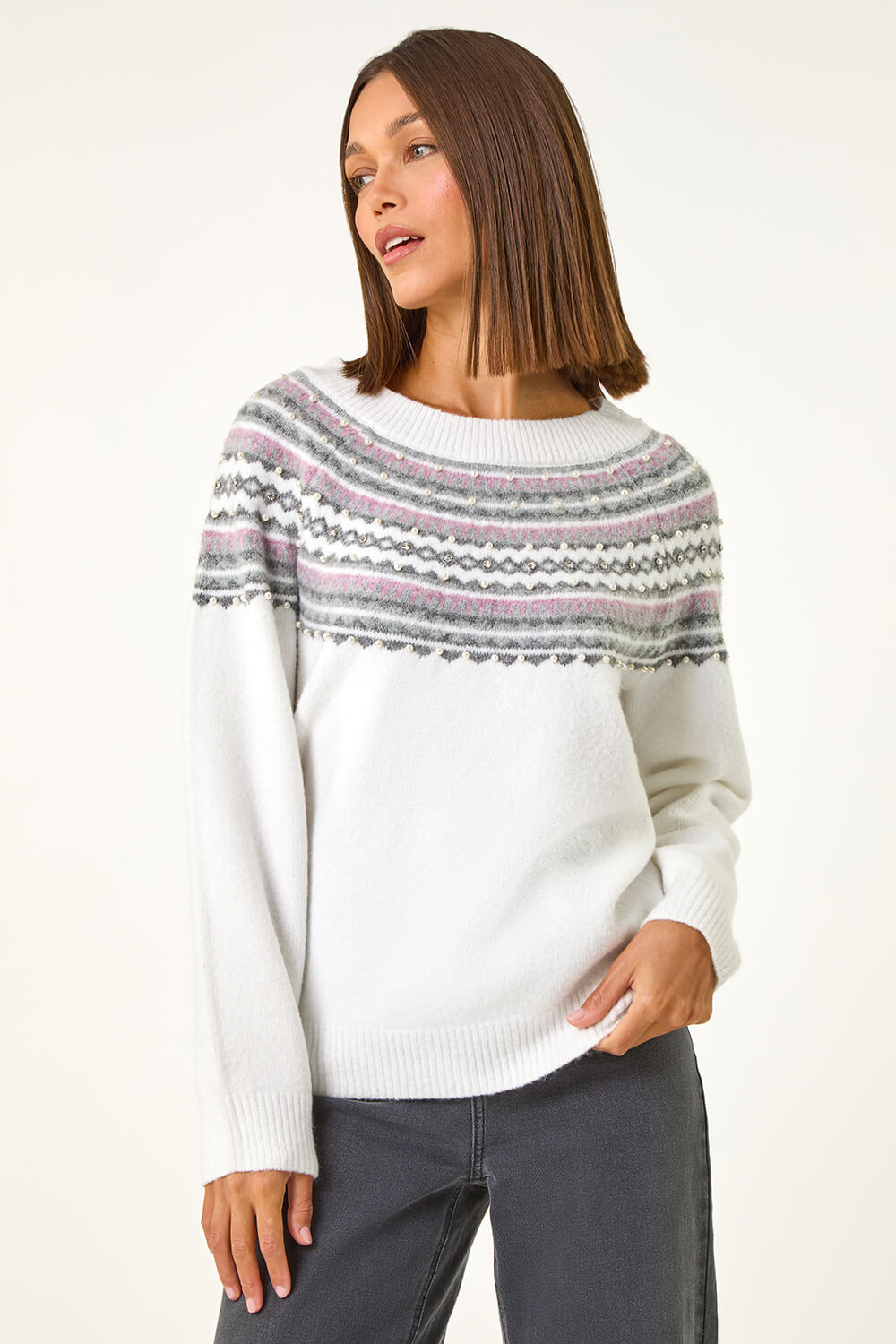 Ivory  Pearl Embellished Printed Jumper, Image 5 of 5