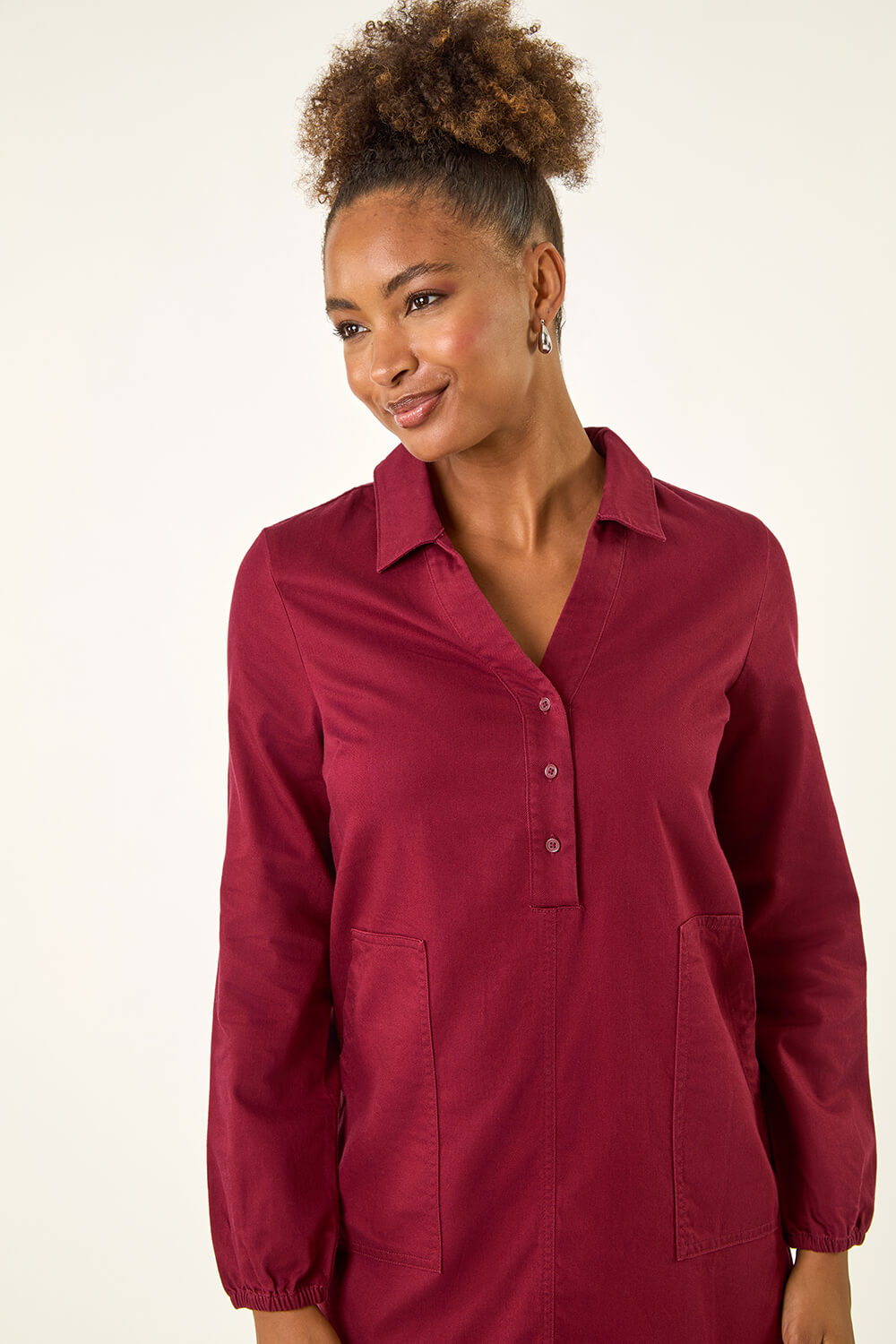 Wine Collared Shift Shirt Dress, Image 5 of 5