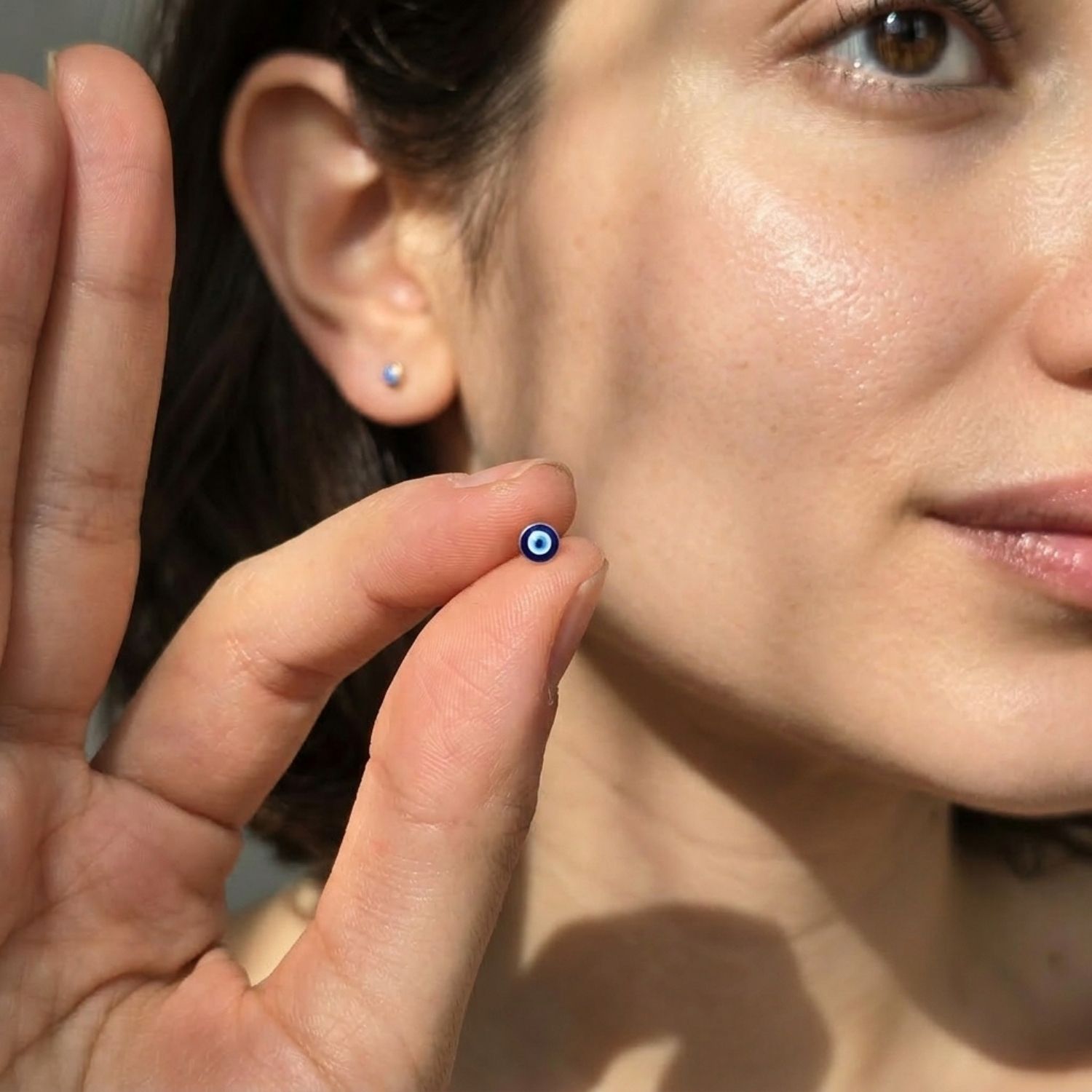 Blue Turkish Evil Eye Nazar Protective Gold Stud Earrings, Image 3 of 4