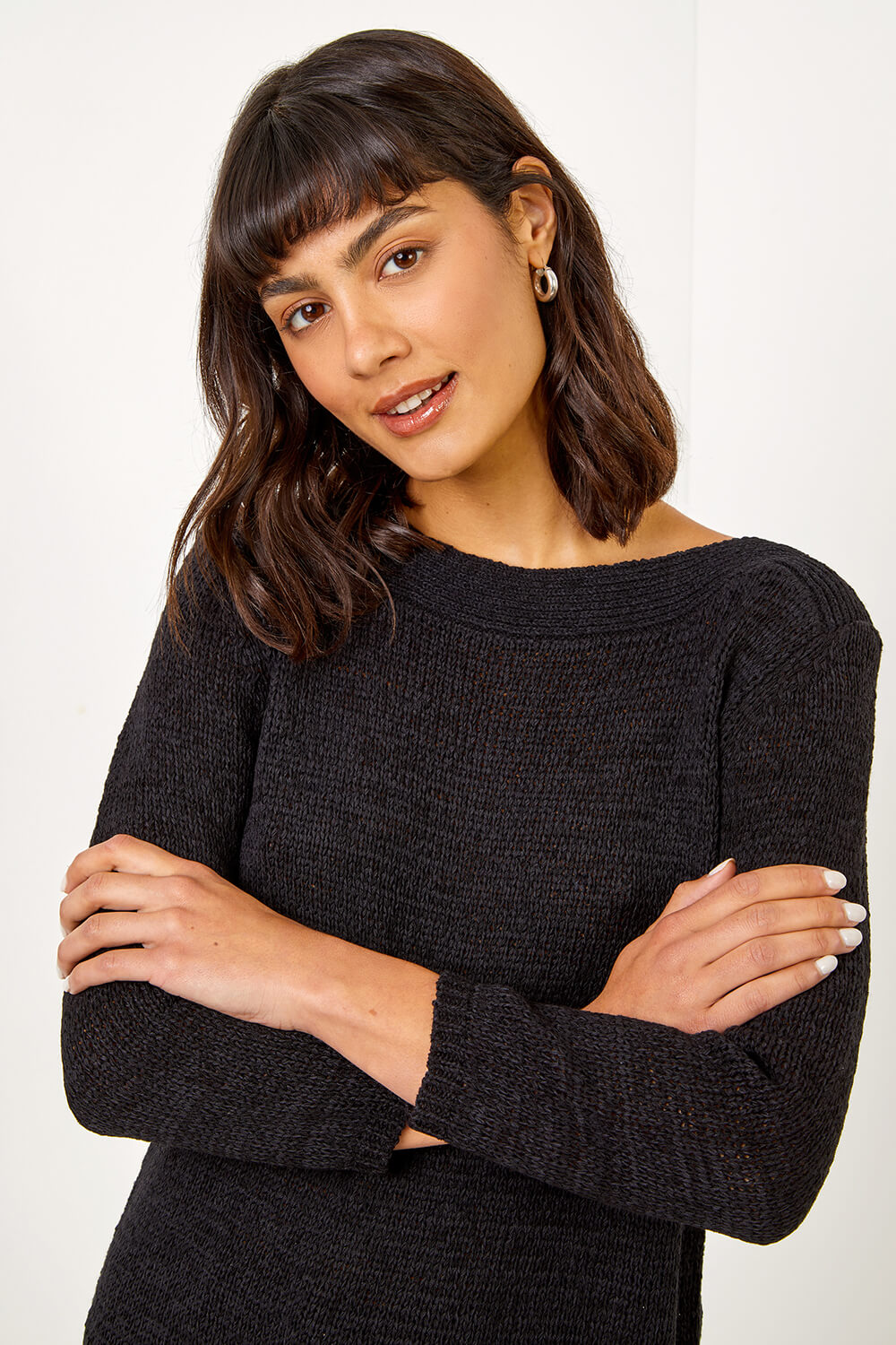 Black Textured Slash Neck Jumper, Image 5 of 5