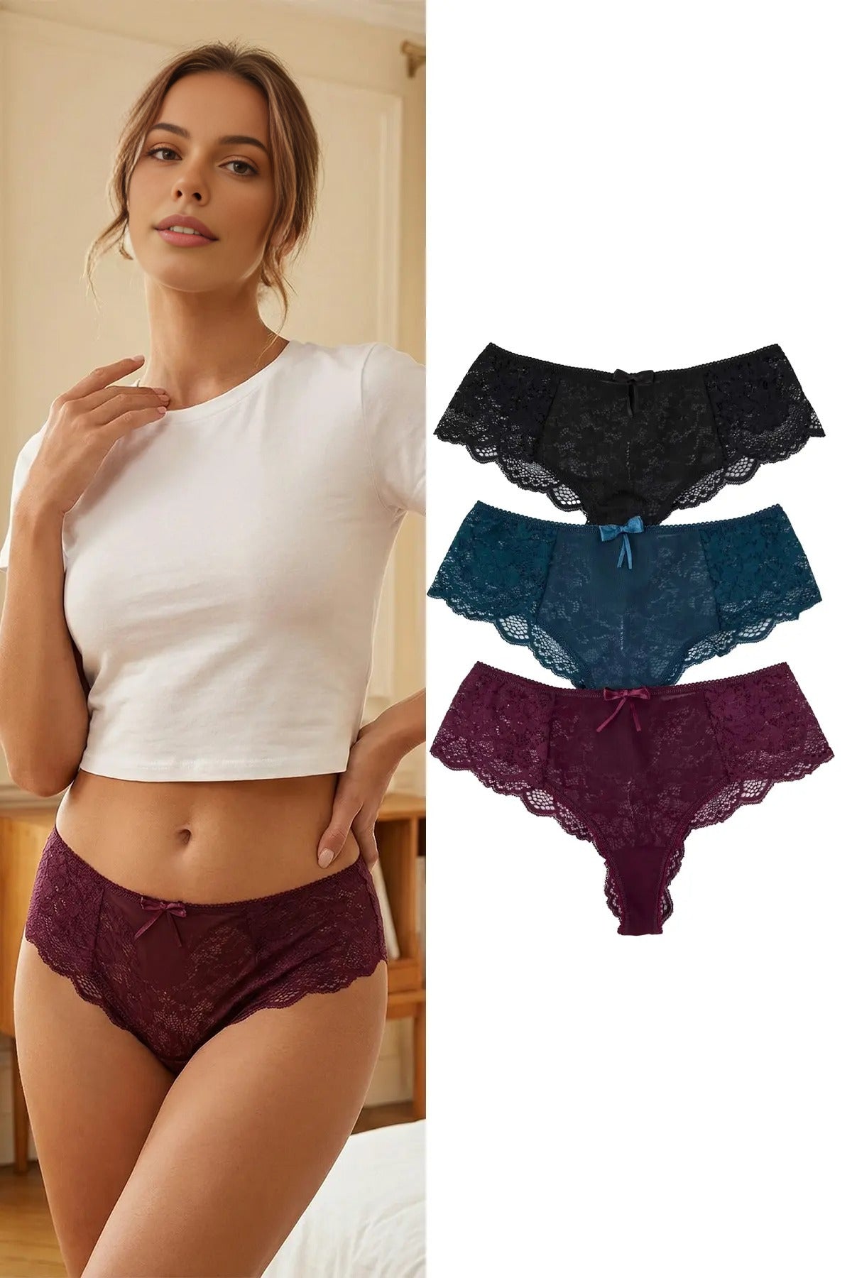 Multi 3 Pack Lace Trim Knitted Briefs with Bow Detail, Image 1 of 2