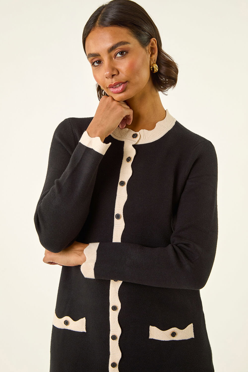Black Scalloped Button Down Knit Dress, Image 6 of 6