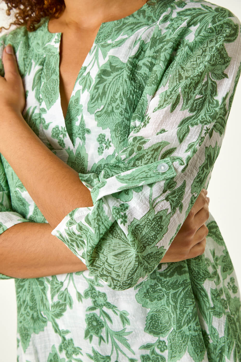 Green Floral Print Wrap Hem Tunic Top, Image 6 of 5