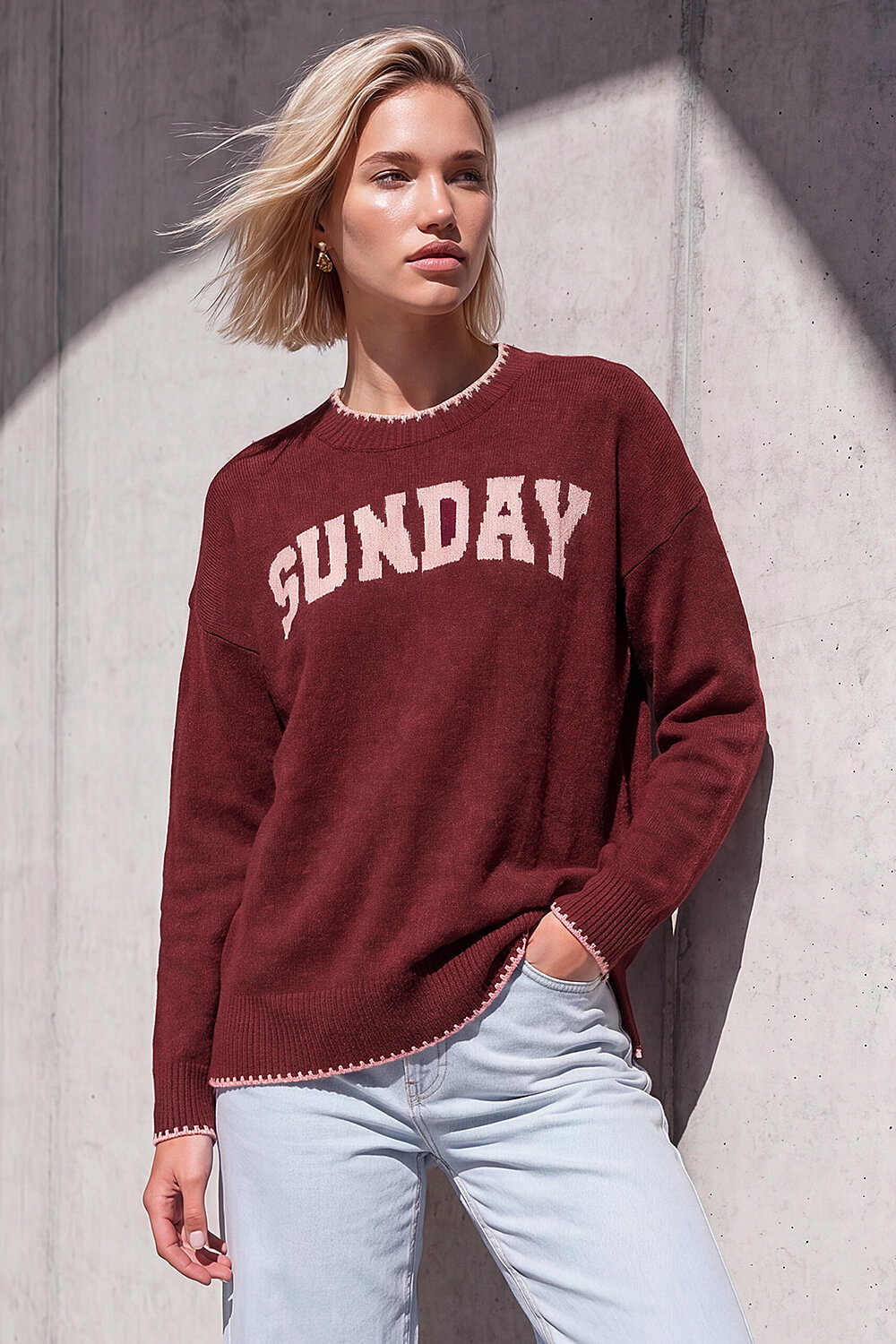 Burgundy Sunday Slogan Knit Jumper, Image 1 of 4