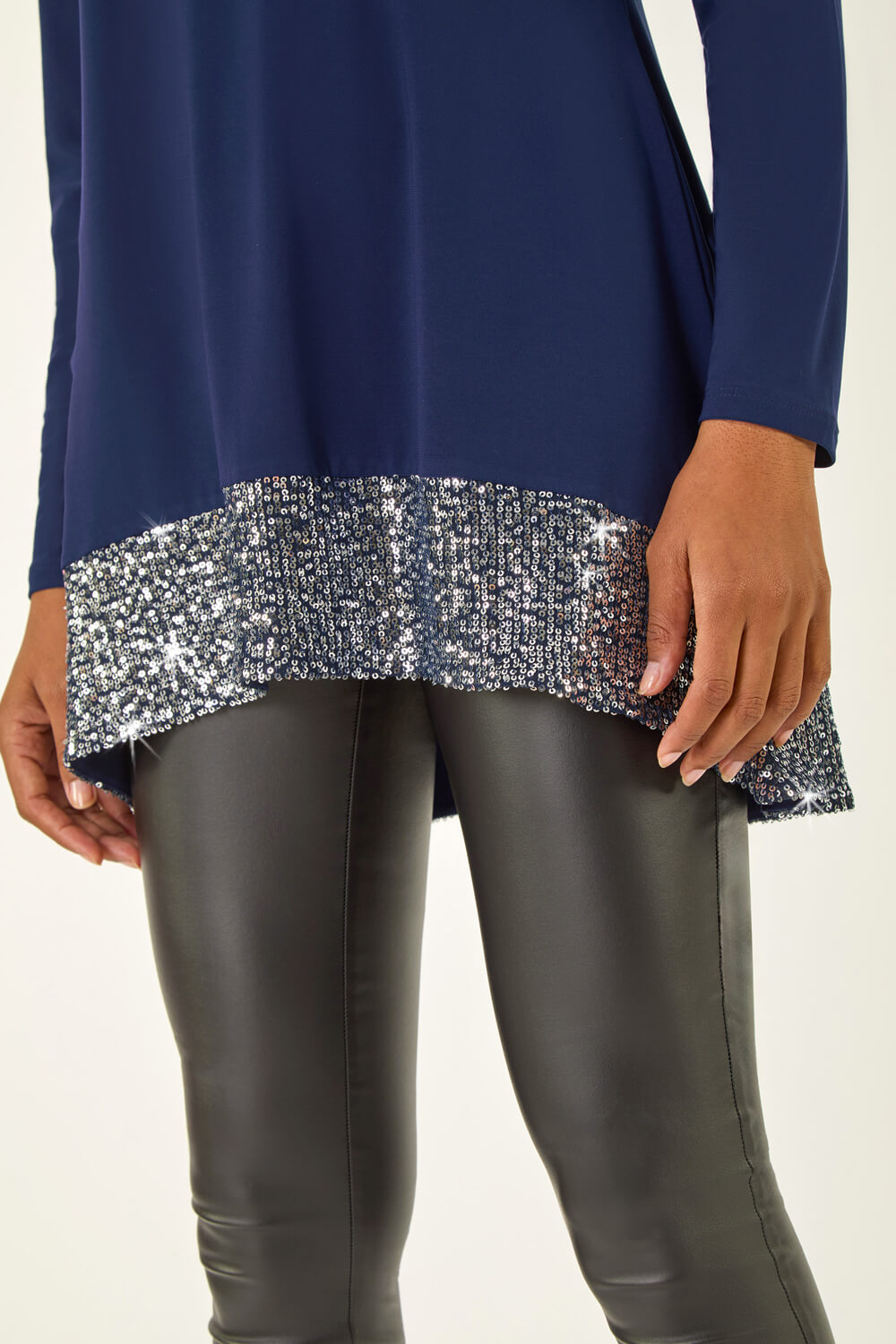 Navy Sequin Hem Tunic Stretch Top, Image 6 of 5