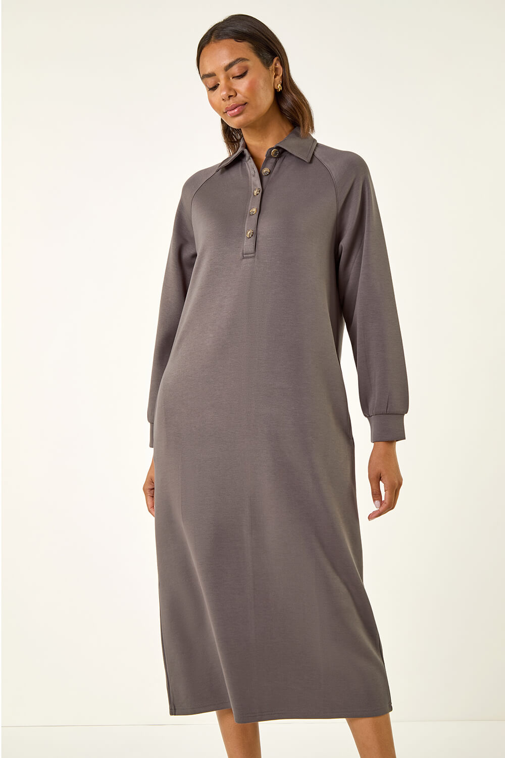 Grey Buttoned Collar Midi Dress, Image 3 of 5