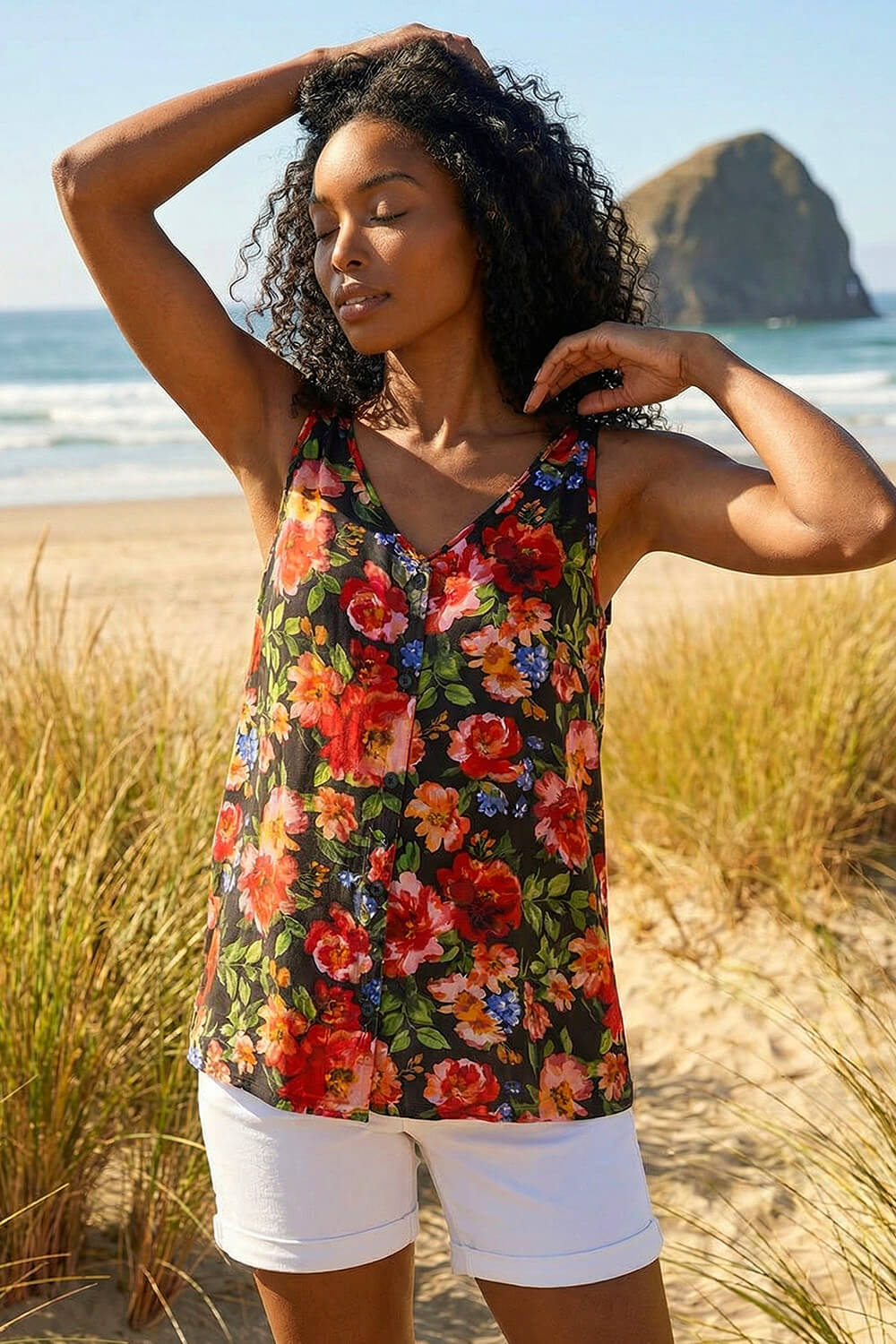 Red Floral Buttoned Vest Top, Image 5 of 5