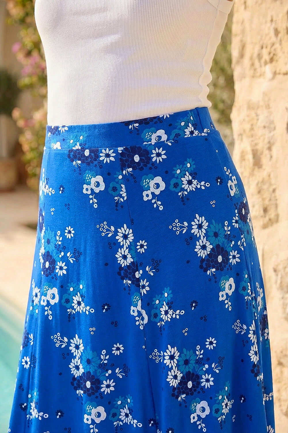 Royal Blue Diagonal Ditsy Floral Print Skirt, Image 5 of 4