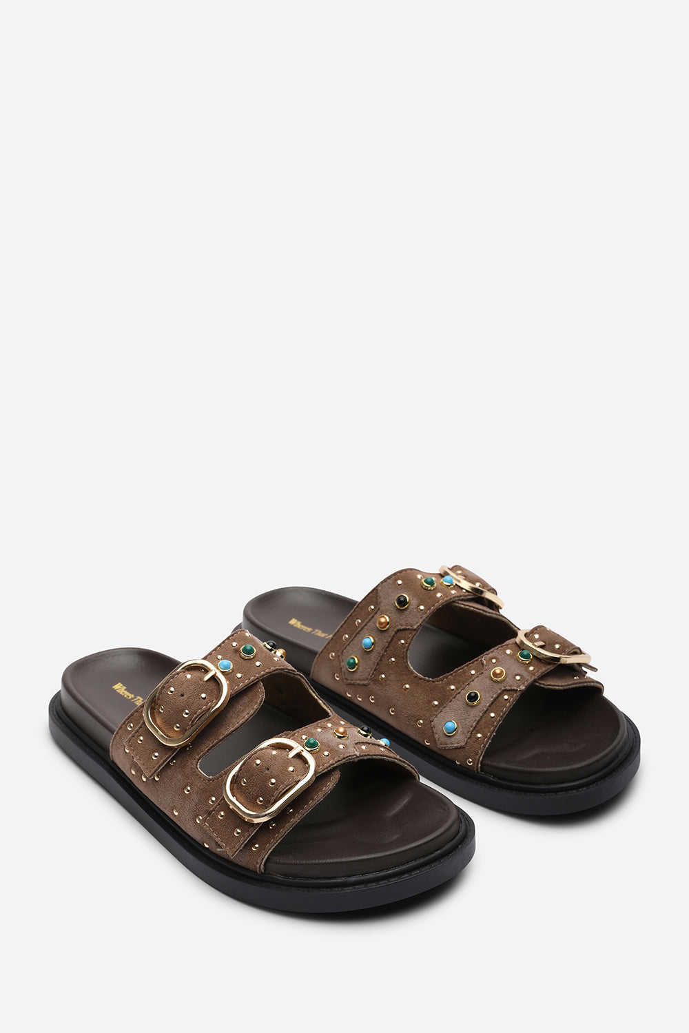Camel Ceylon Diamante Stud Double Buckle Slide On Sandal, Image 4 of 6