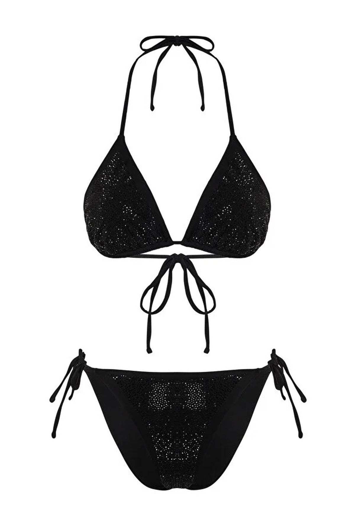 Black WOVCOR Black Micro Pattern Triangle Bikini Set with Tie Side Bottom and Halterneck, Image 2 of 5