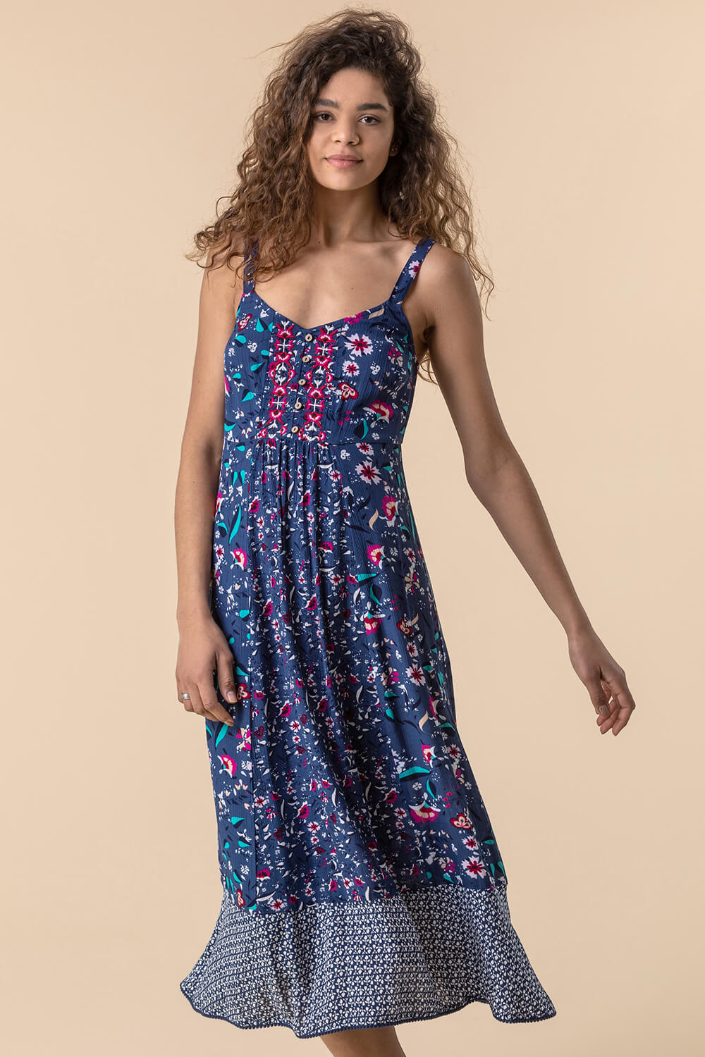 Go Get It Tied Shoulder Sun Dress Floral Print Navy