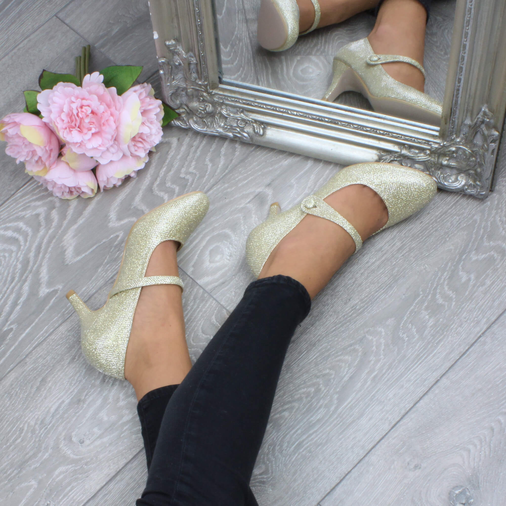 Gold Mid Heel Mary Jane Court Shoes, Image 5 of 6