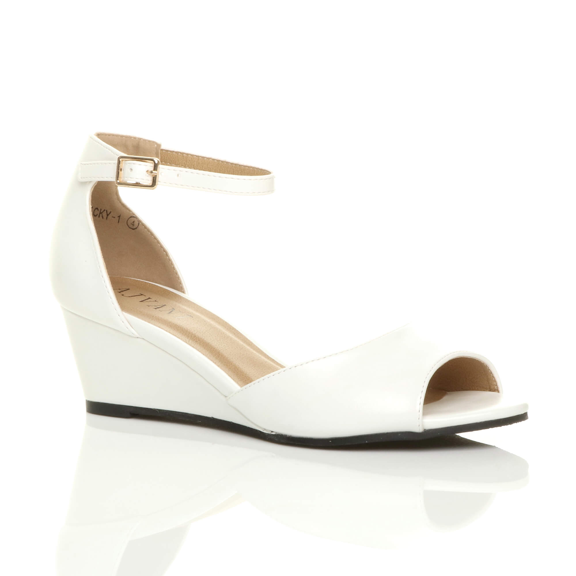 White AJVANI White Mid Wedge Heel Ankle Strap Sandals, Image 1 of 6