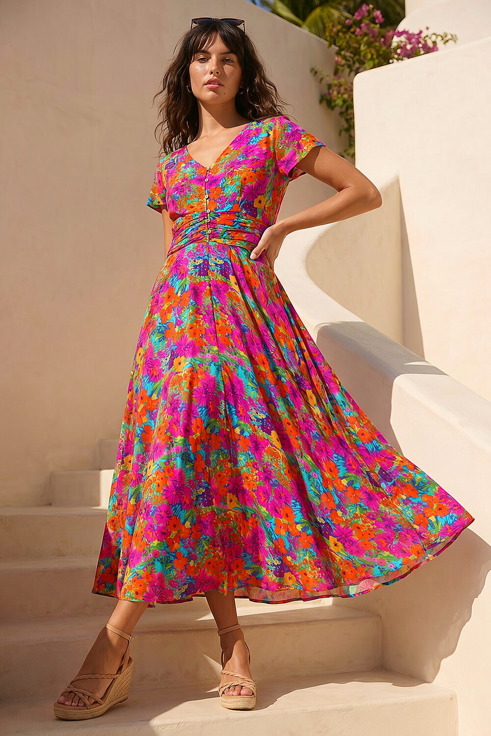Roman Women's Fuchsia Floral Ruched Waist Midi Dress Size 12