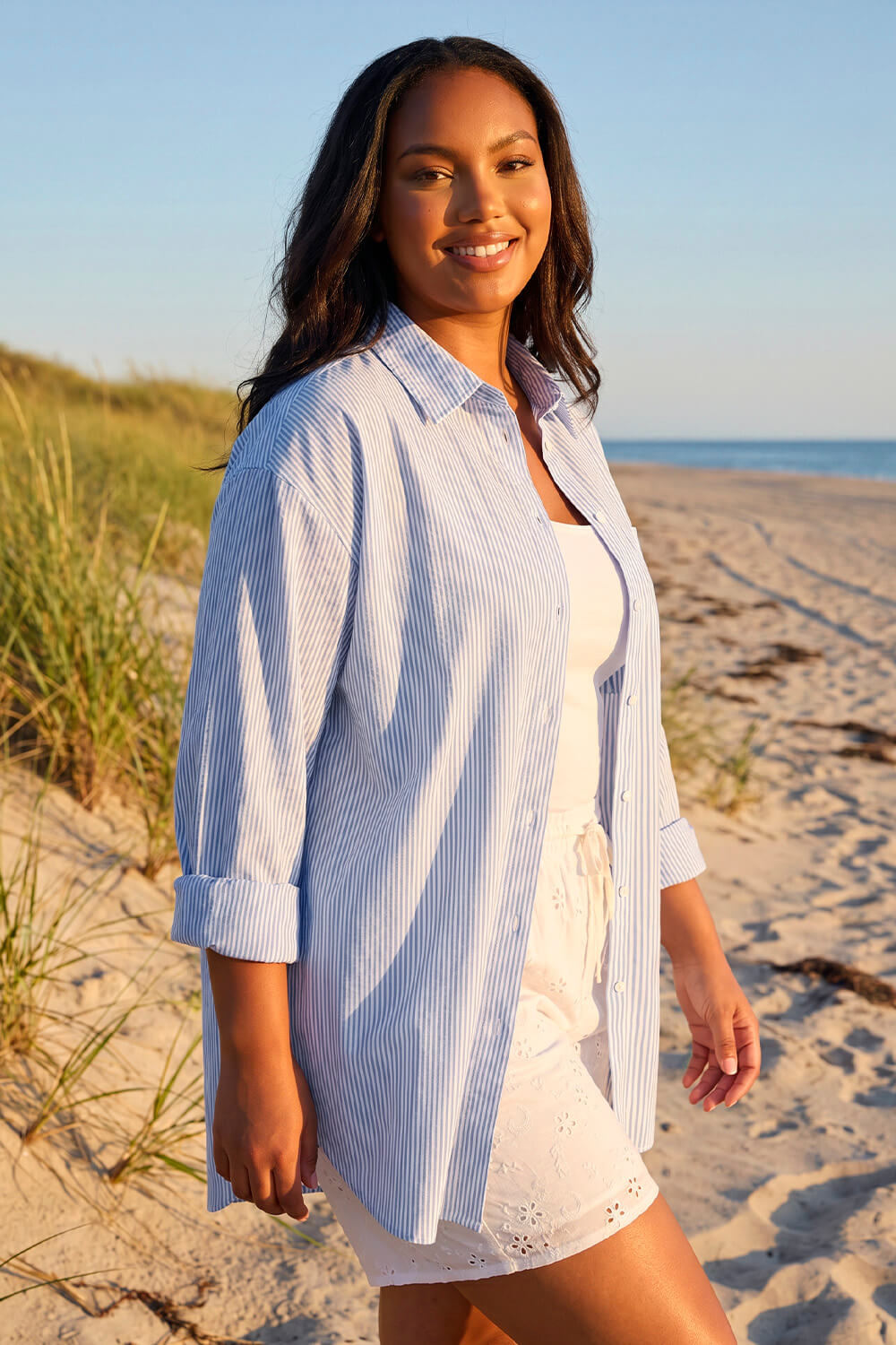 Blue Curve Contrast Stripe Blouse, Image 4 of 4