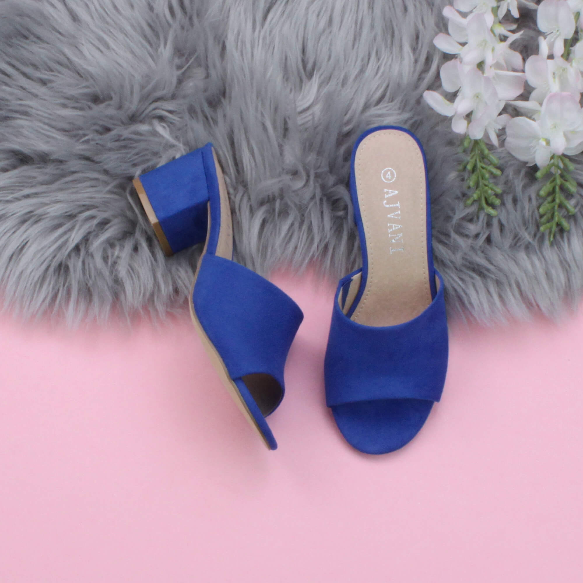 Royal Blue AJVANI Royal Blue Mid Block Heel Peep Toe Mules Sandals, Image 4 of 6