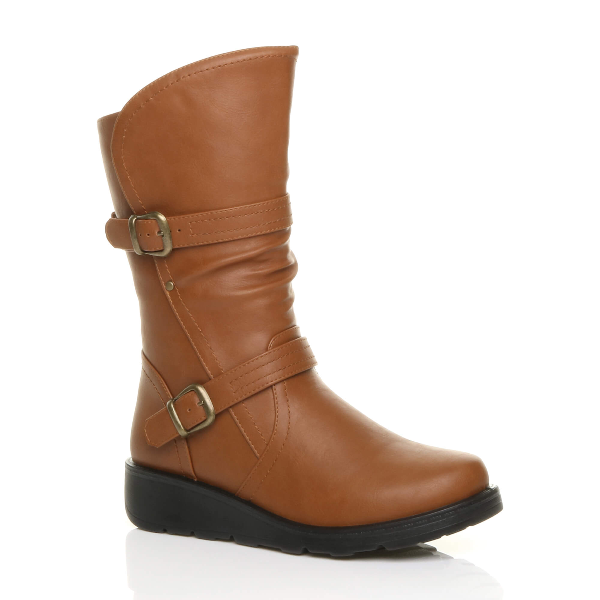 Tan Low Wedge Heel Comfort Calf Biker Boots, Image 1 of 6