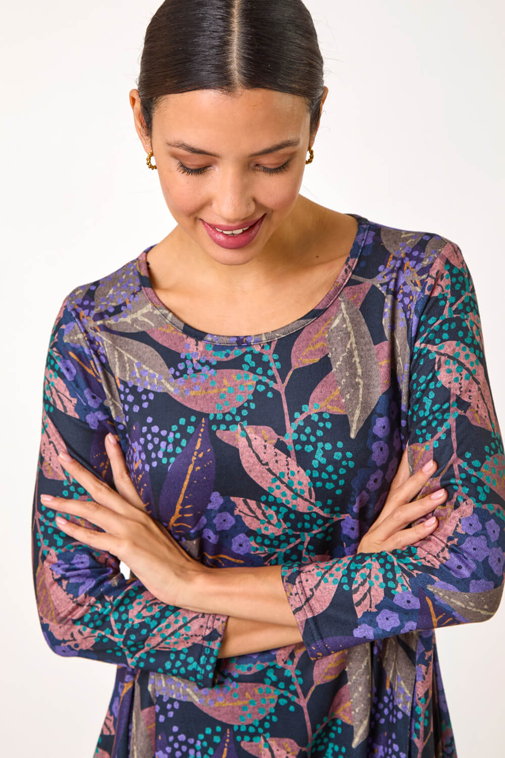 Purple Floral Leaf Print Stretch Tunic, Image 5 of 5