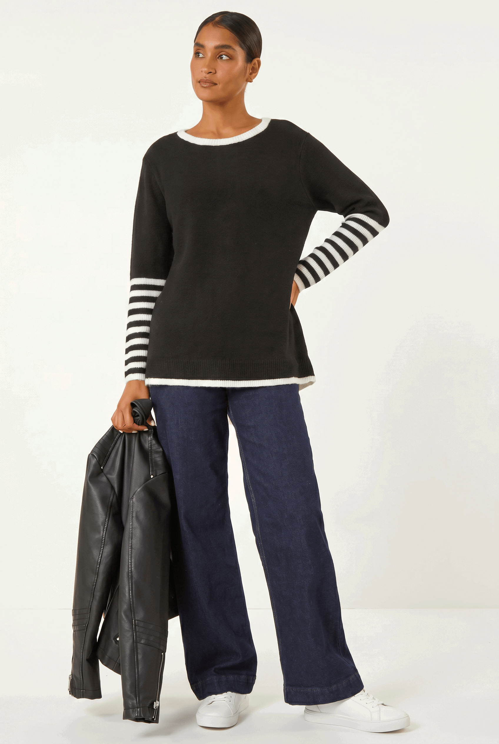 Black Contrast Stripe Detail Knit Jumper, Image 1 of 5
