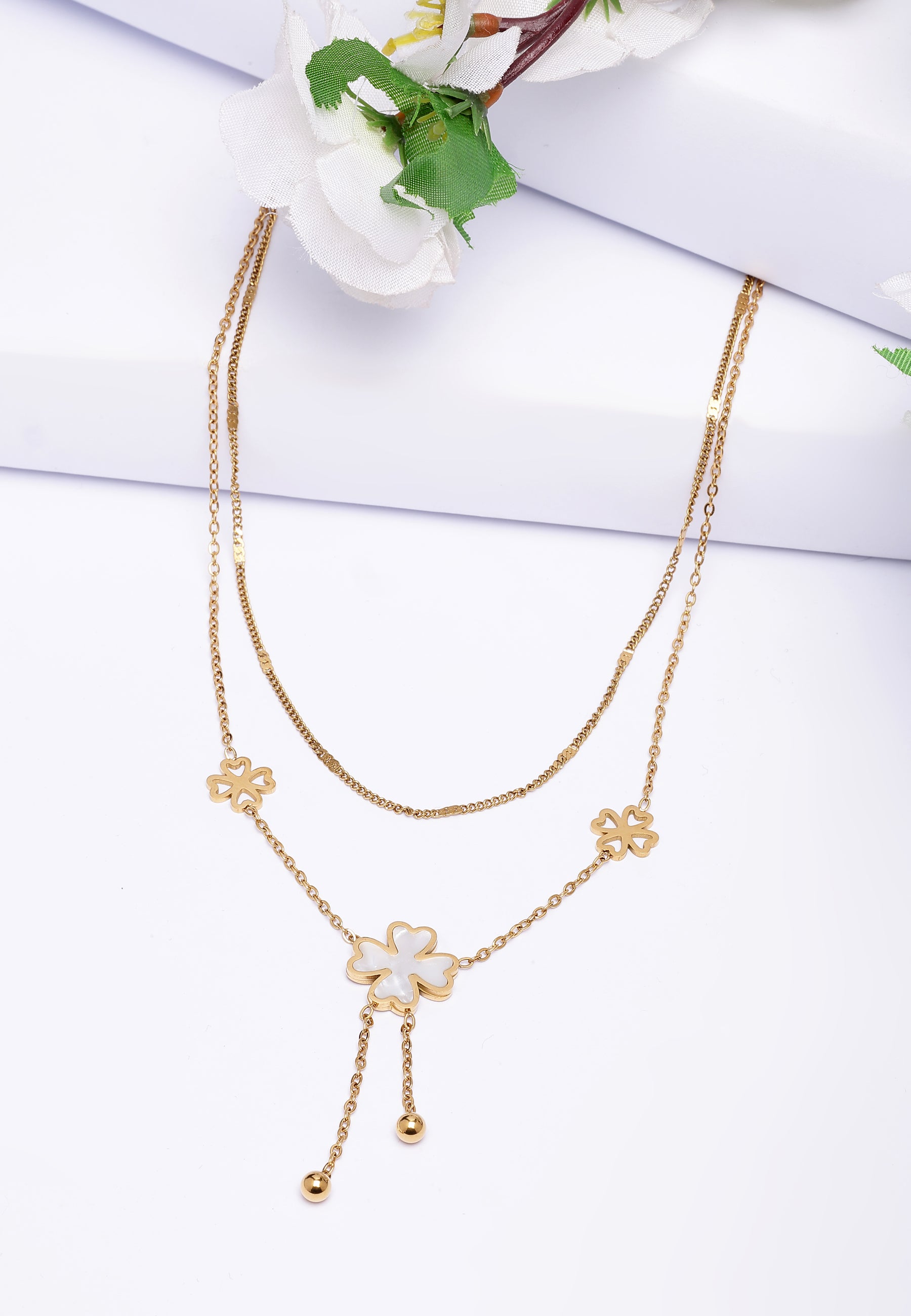 Gold Diva Double Layered Floral Tassel Chain Necklace, Image 2 of 5
